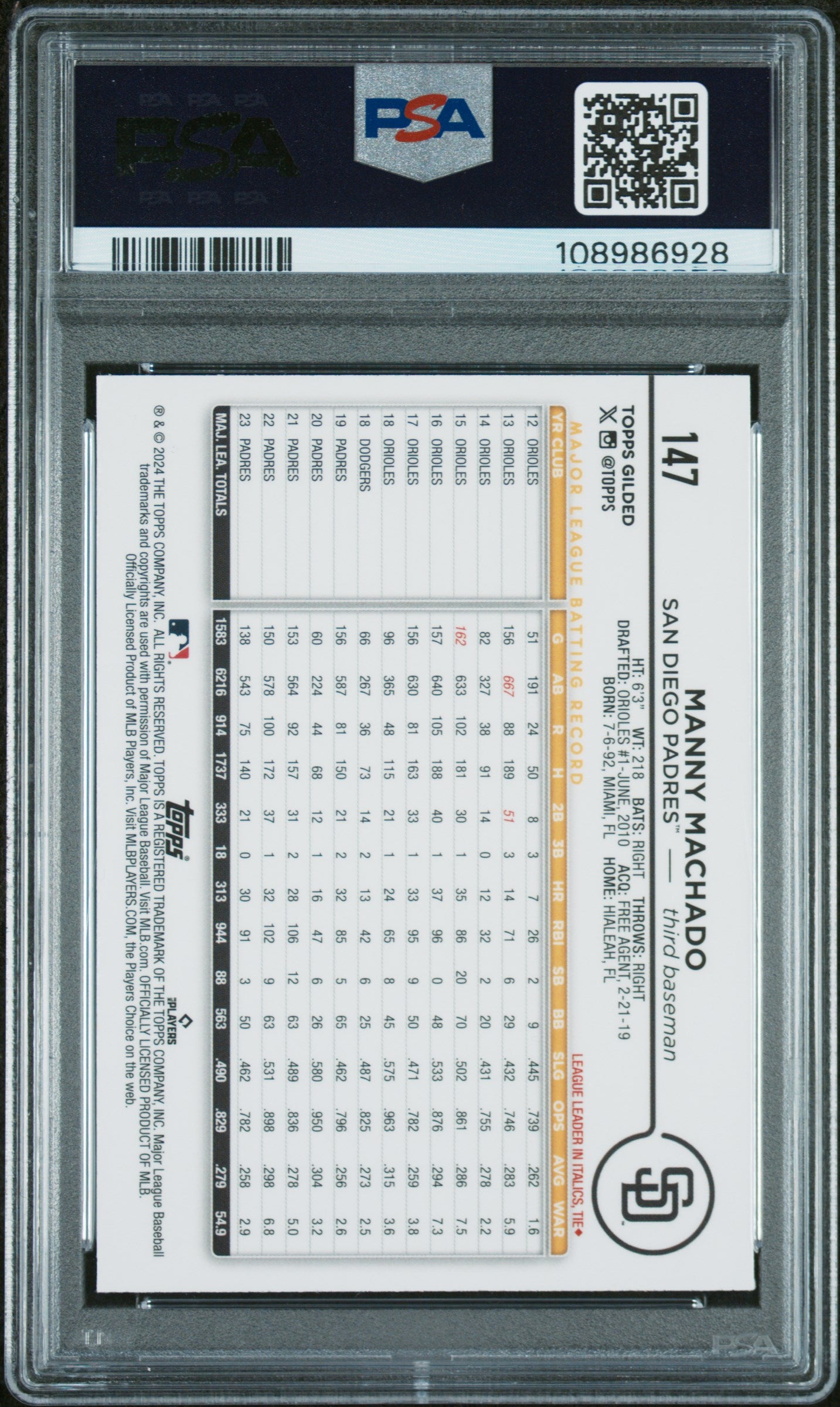 2024 Topps Gilded Collection Manny Machado #147 Gold Wave PSA 10
