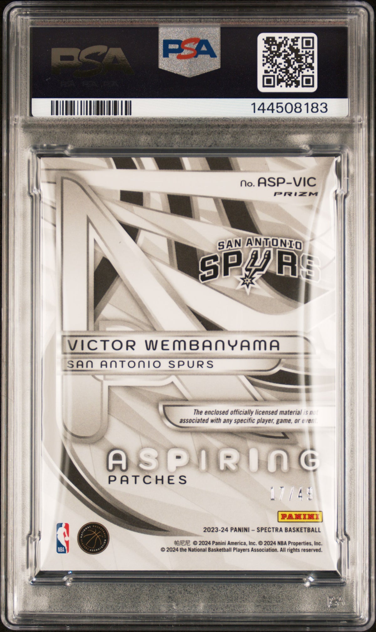 2023 Panini Spectra Aspiring Patches Basketball Victor Wembanyama #ASPVIC Astral PSA 9