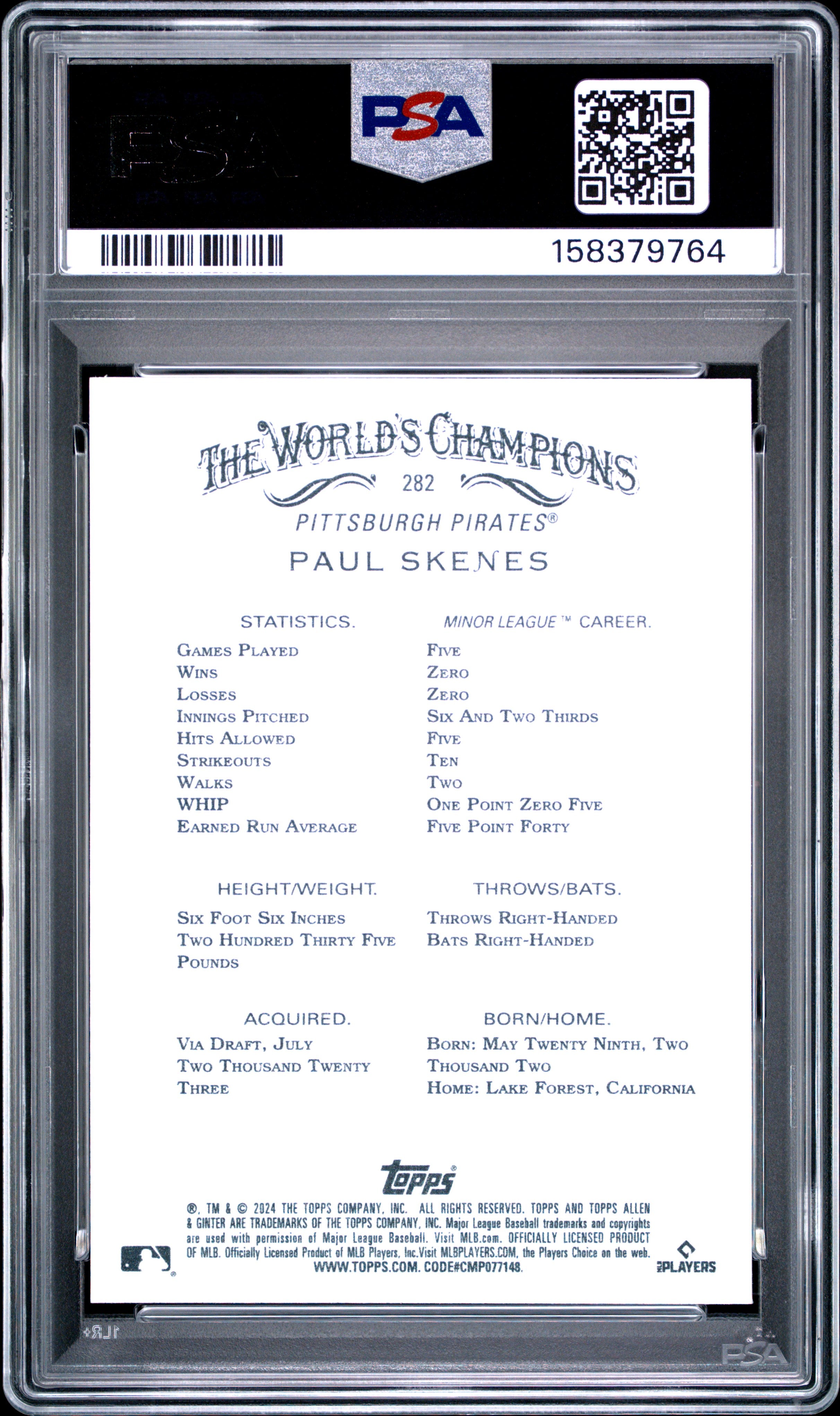 2024 Topps Allen & Ginter Baseball Paul Skenes #282 PSA 10