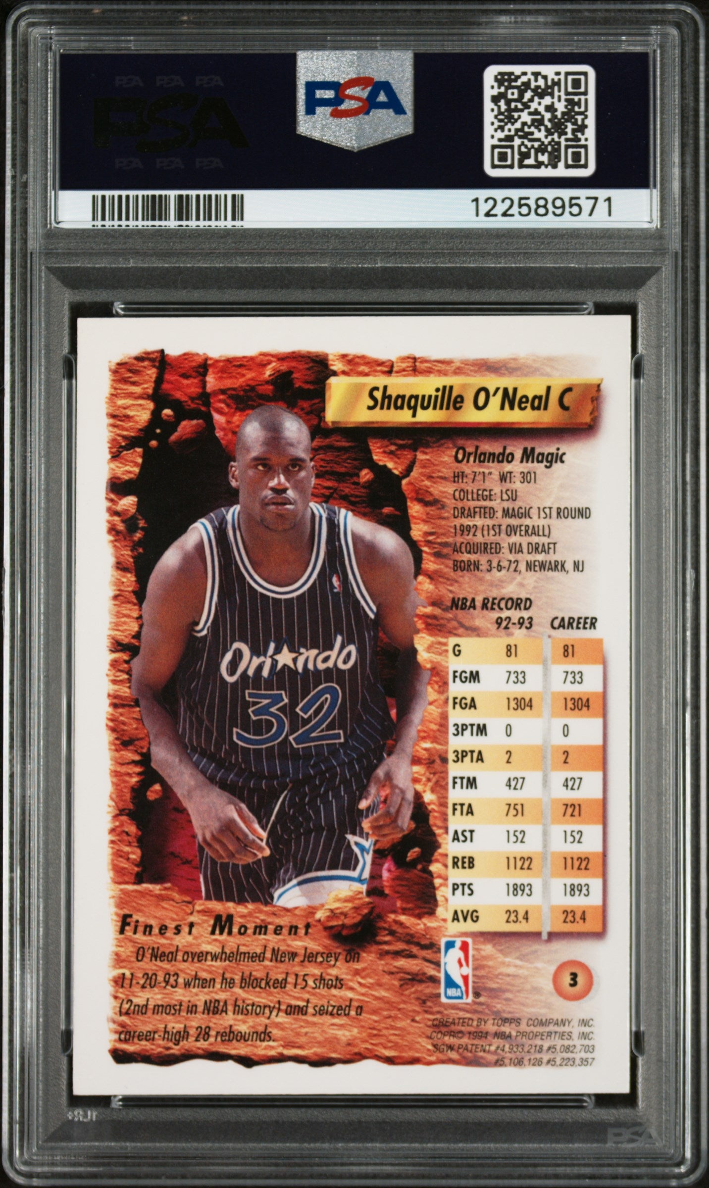 1993 Finest Basketball Shaquille O'Neal #3 Refractor PSA 7