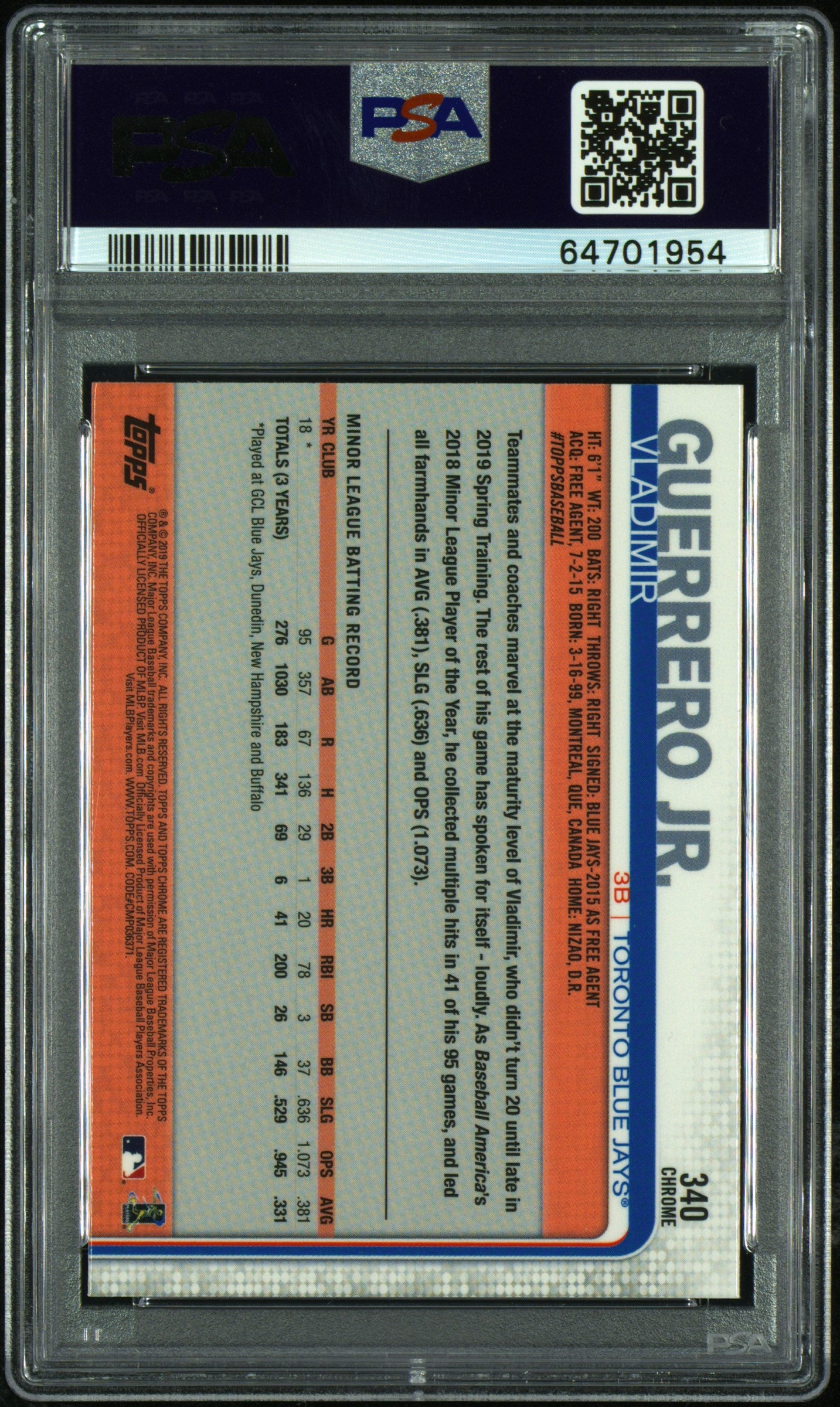 2019 Topps Chrome Sapphire Edition Vladimir Guerrero JR. #340 PSA 9
