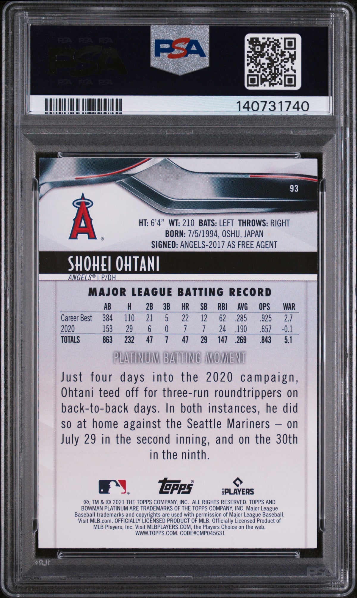 2021 Bowman Platinum Baseball Shohei Ohtani #93 Foilboard PSA 9