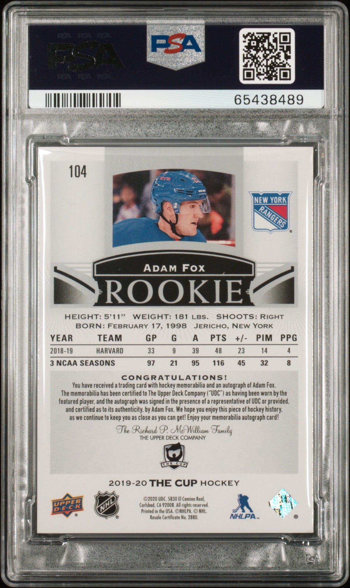 2019 Upper Deck The Cup Hockey Adam Fox #104 Autograph Patch PSA 8