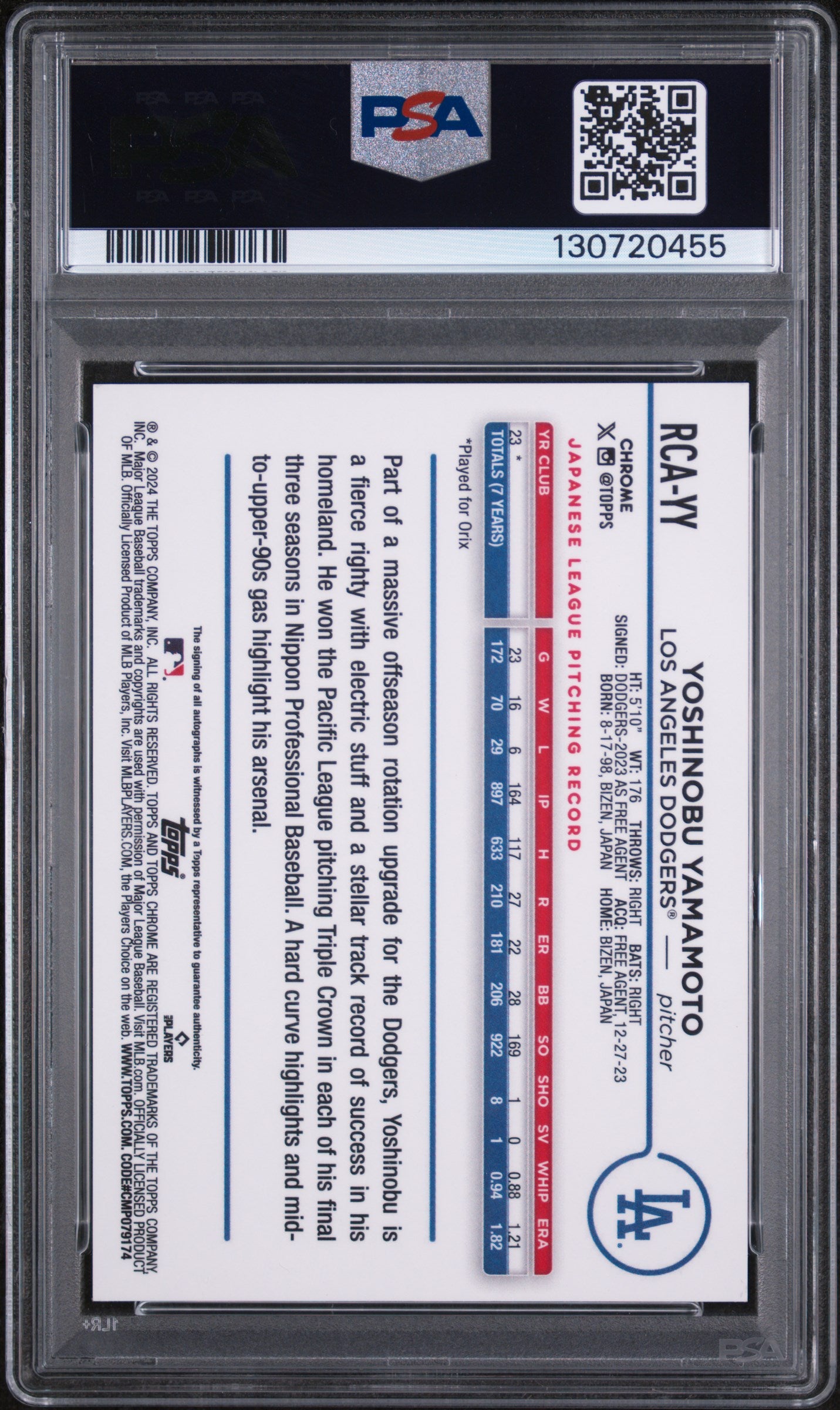 2024 Topps Chrome Logofractor Edition MLB Refractor Chrome Autographs Baseball Yoshinobu Yamamoto #RCAYY PSA 9