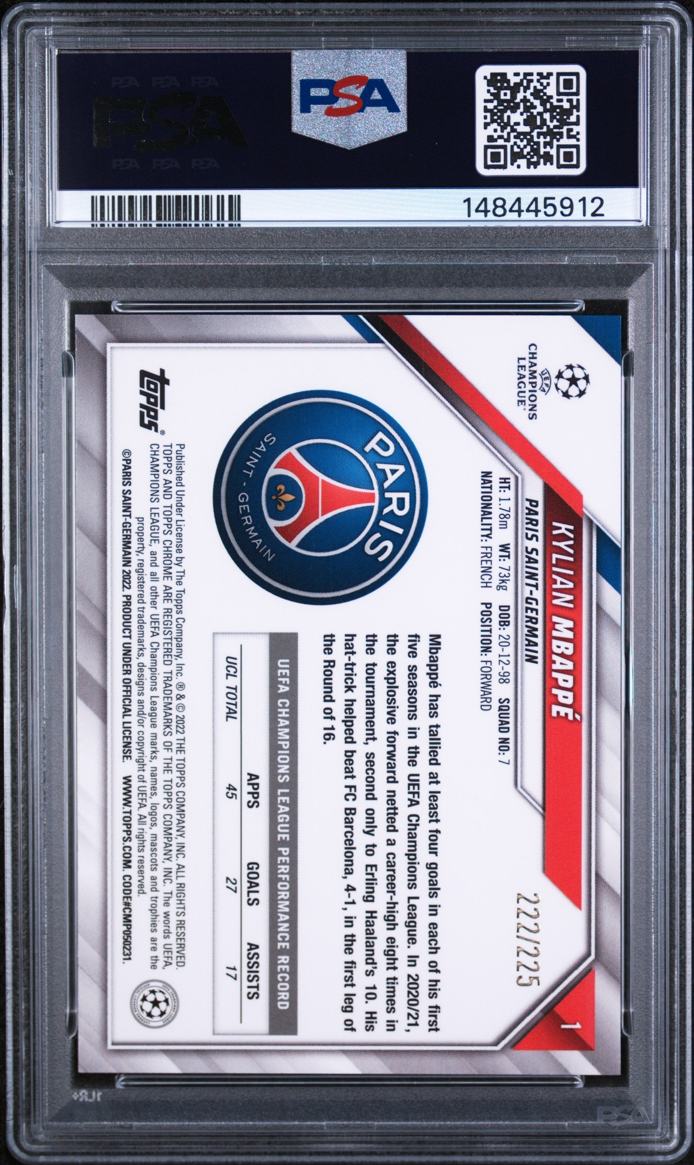 2021 Topps Chrome UEFA Champions League Soccer Kylian Mbappe #1 Night Vision Refractor PSA 8