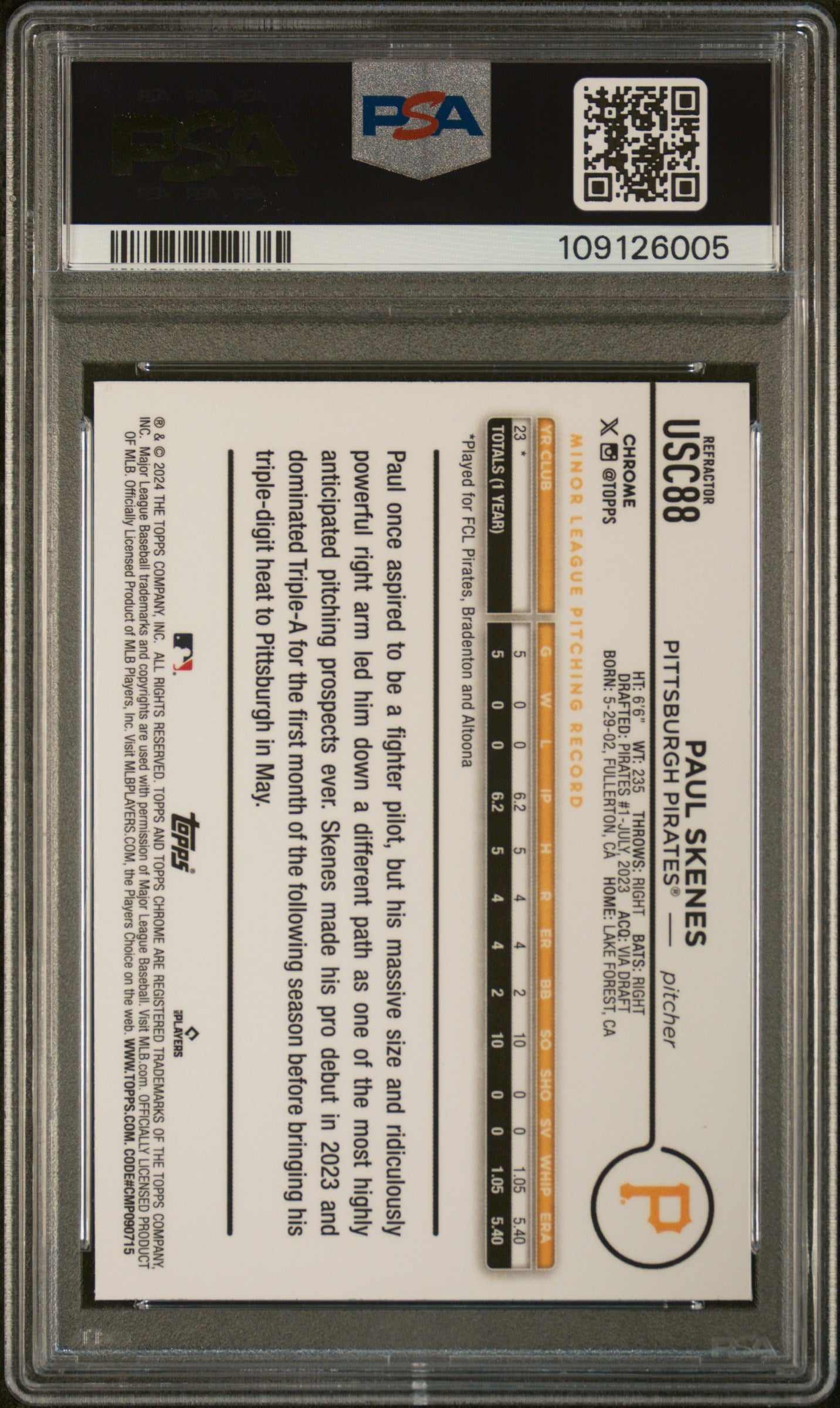2024 Topps Chrome Update Baseball Paul Skenes #USC88 Refractor PSA 9