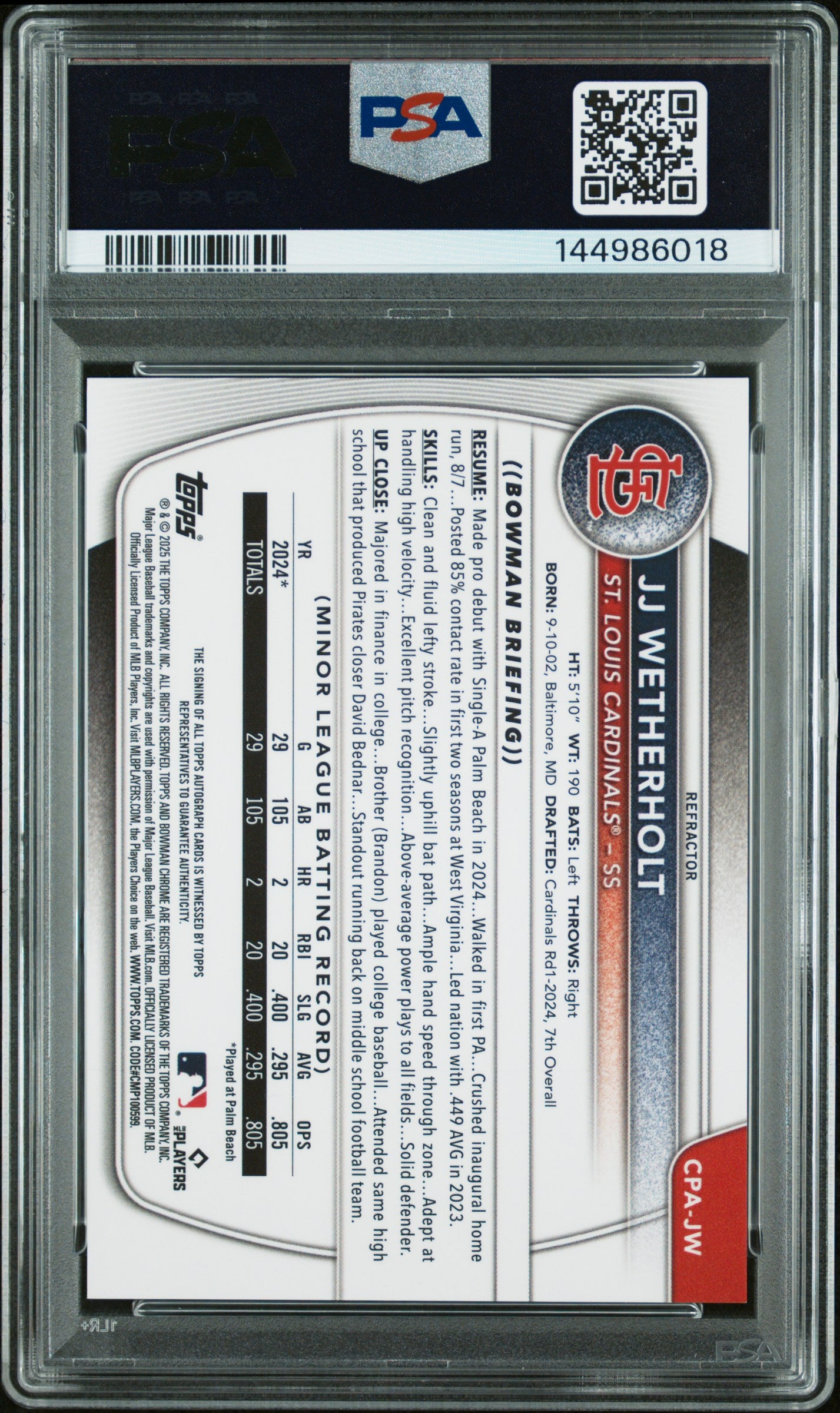 2025 Bowman Chrome Prospect Autographs Baseball JJ Wetherholt #CPAJW Ref PSA 9