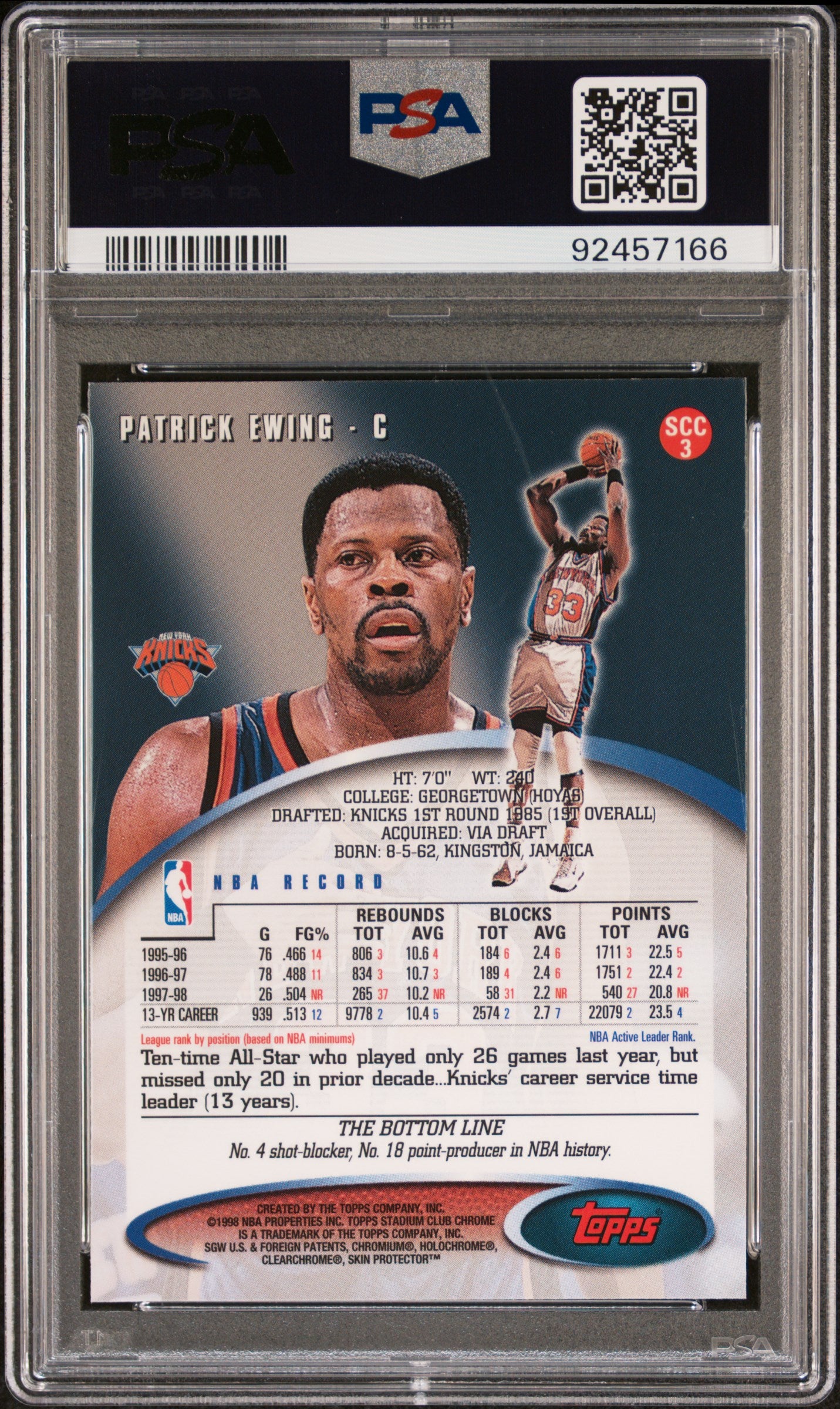 1998 Stadium Club Chrome Basketball Patrick Ewing #3 PSA 9
