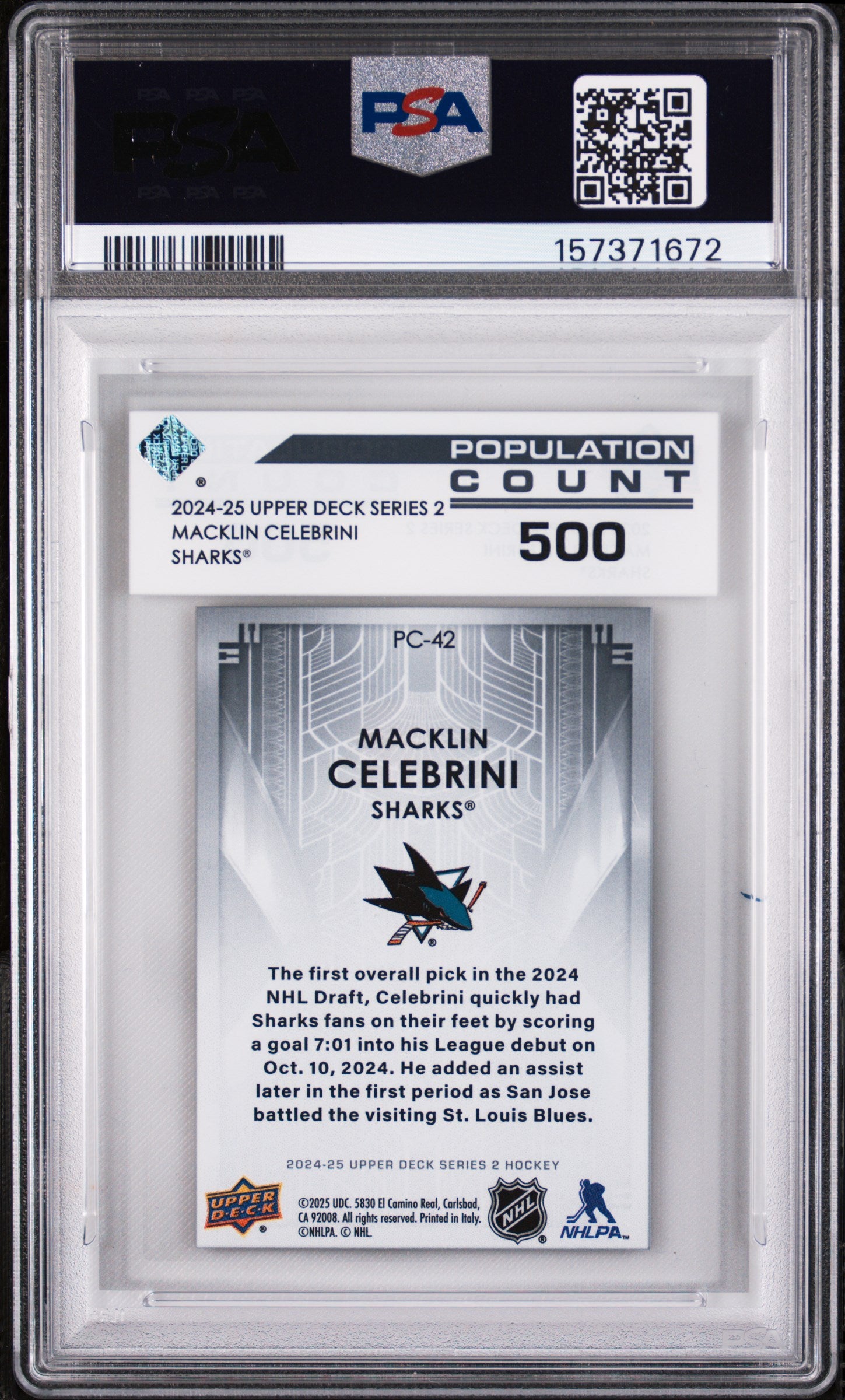 2024 Upper Deck Population Count 1000 Hockey Macklin Celebrini #PC42 500 PSA 10