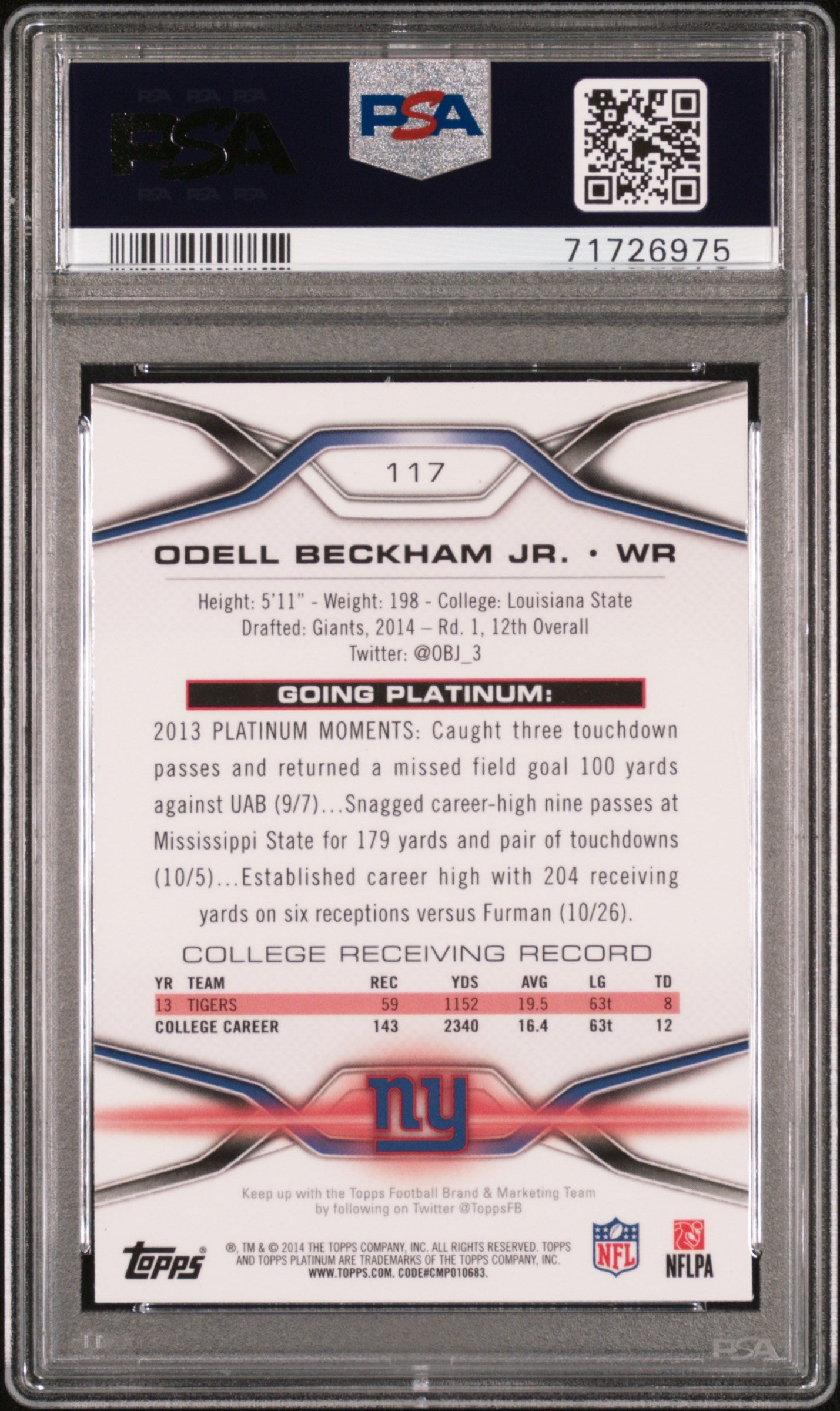 2014 Topps Platinum Football Odell Beckham JR. #117 PSA 10