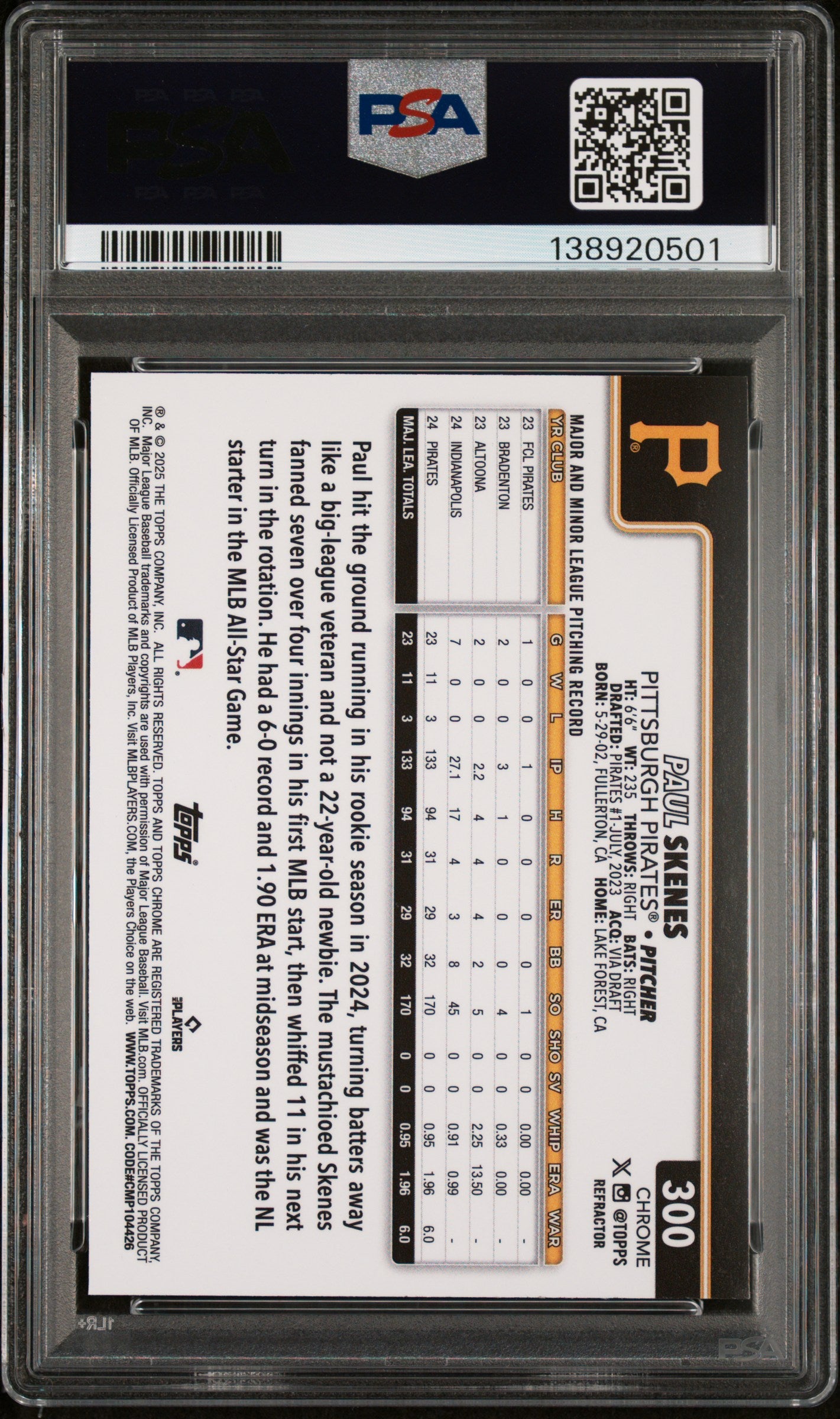2025 Topps Chrome Baseball Paul Skenes #300 Refractor PSA 10