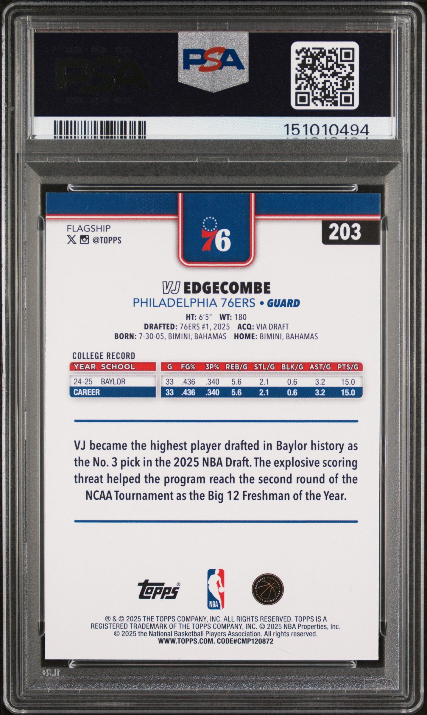 2025 Topps Basketball VJ Edgecombe #203 PSA 10