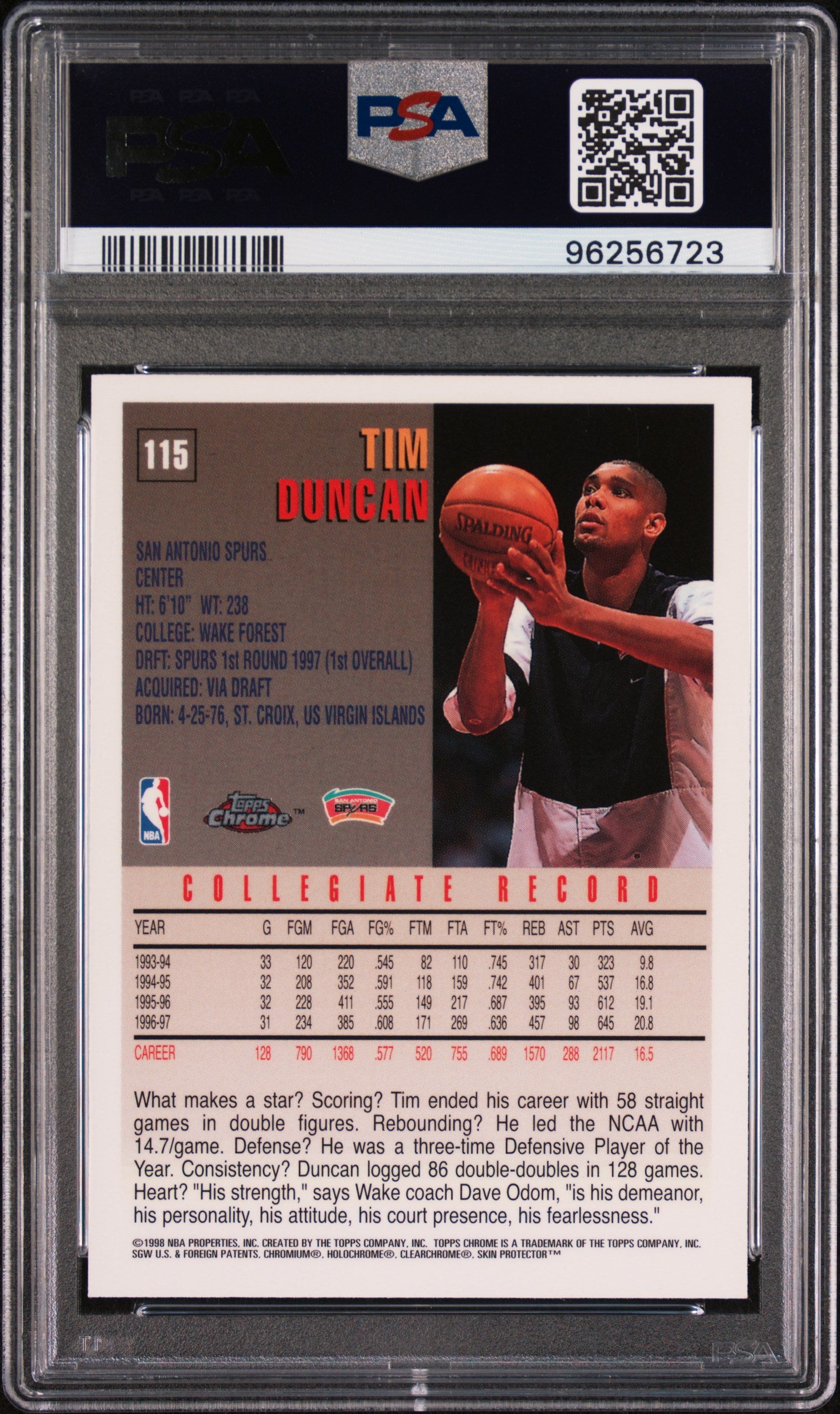 1997 Topps Chrome Basketball Tim Duncan #115 PSA 8