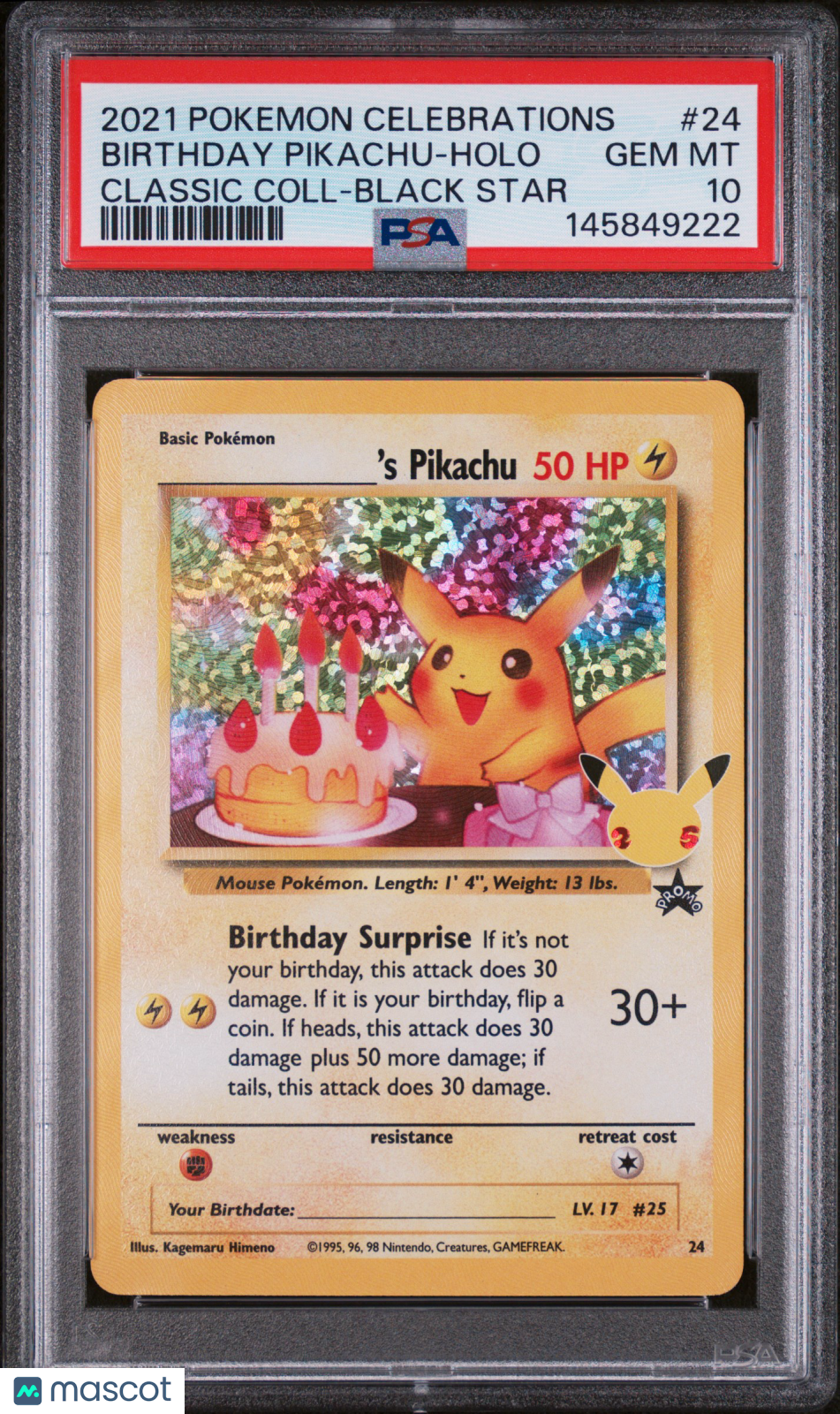 2021 Pokemon Celebrations Classic Collection Birthday Pikachu #24 Classic Coll-Black Star PSA 10