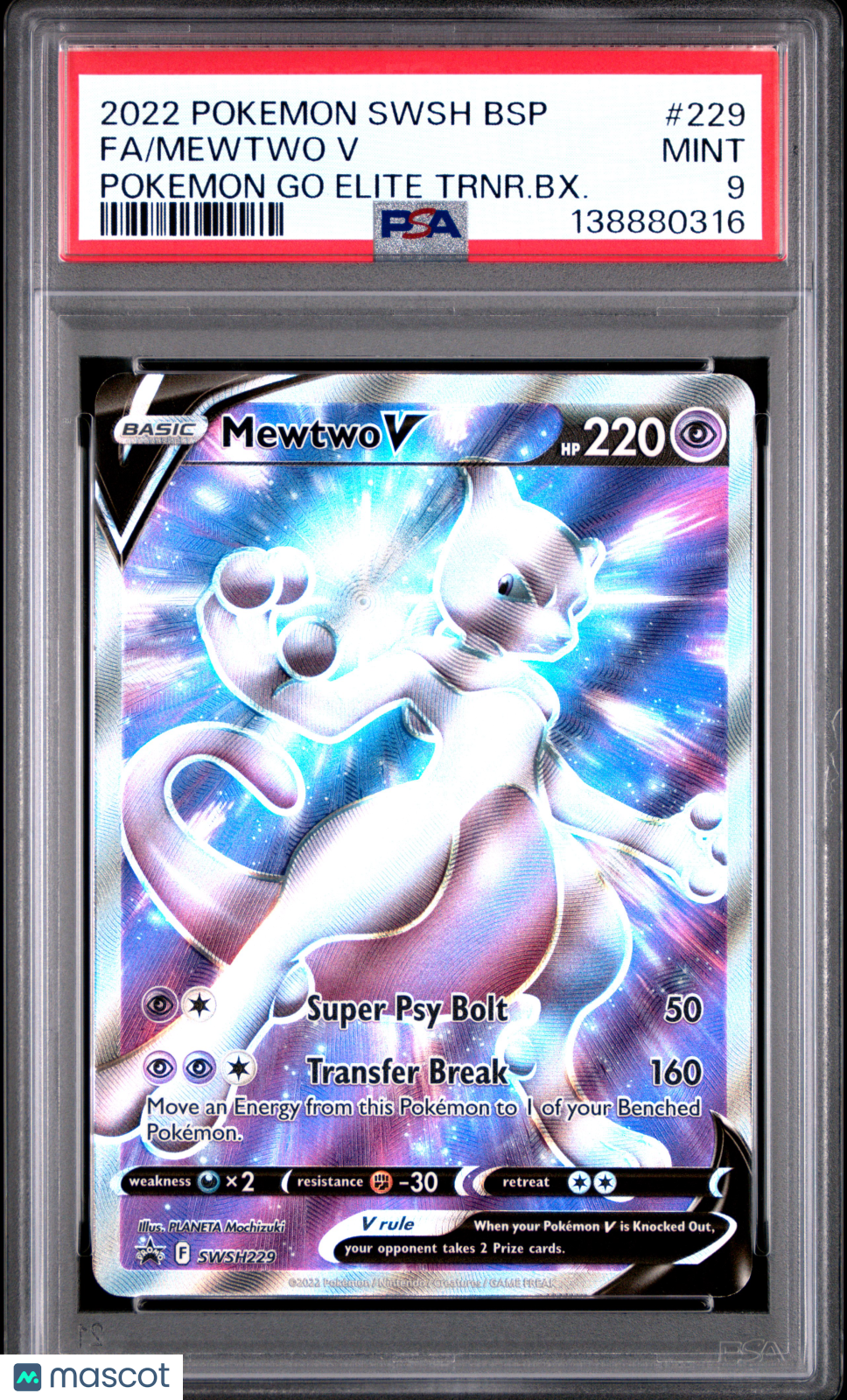2022 Pokemon Swsh Black Star Promo Mewtwo V #229 Pokemon Go Elite Trnr.BX. Fa PSA 9
