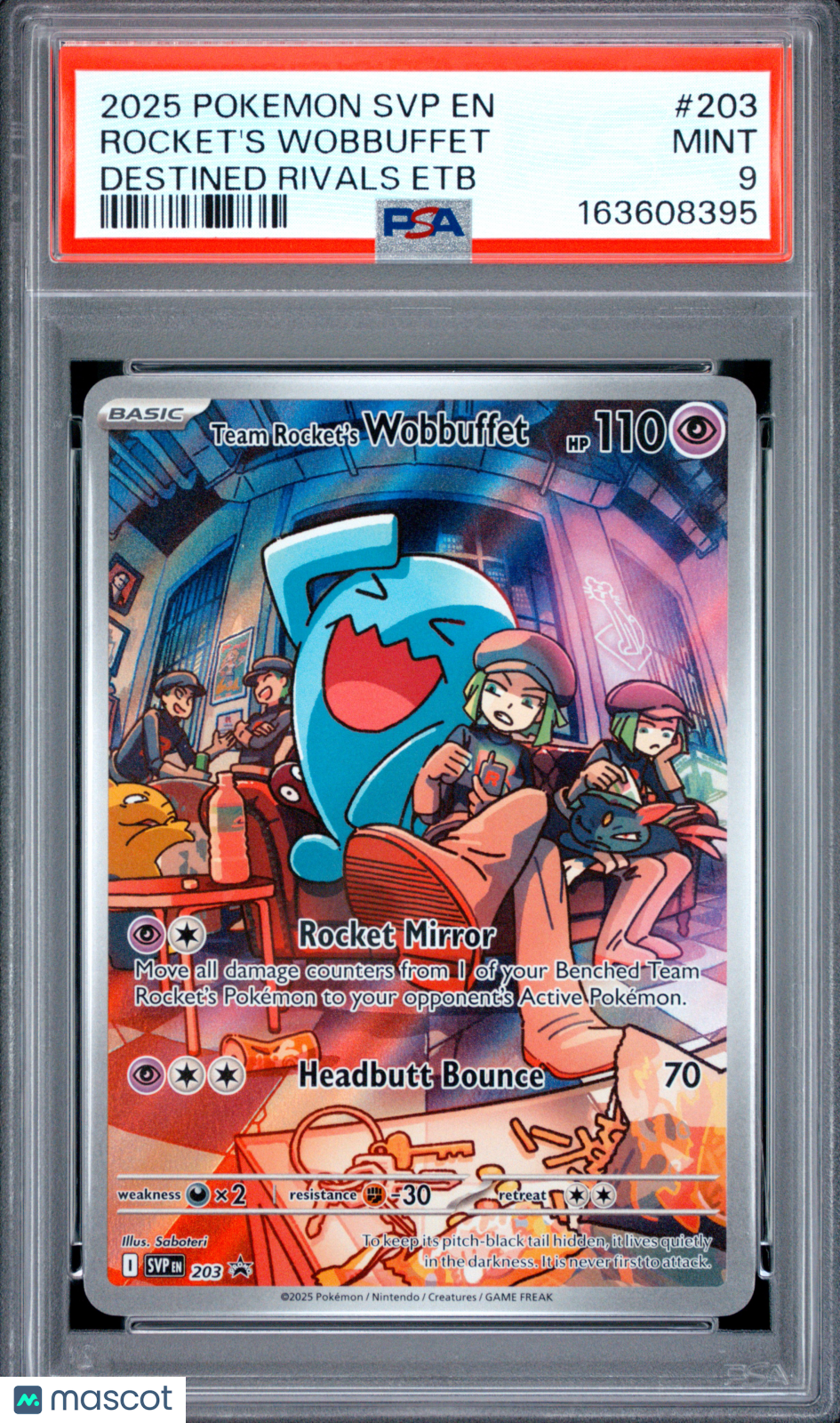 2025 Pokemon SVP EN-Scarlet & Violet Black Star Promos Rocket's Wobbuffet #203 Destined Rivals Etb PSA 9