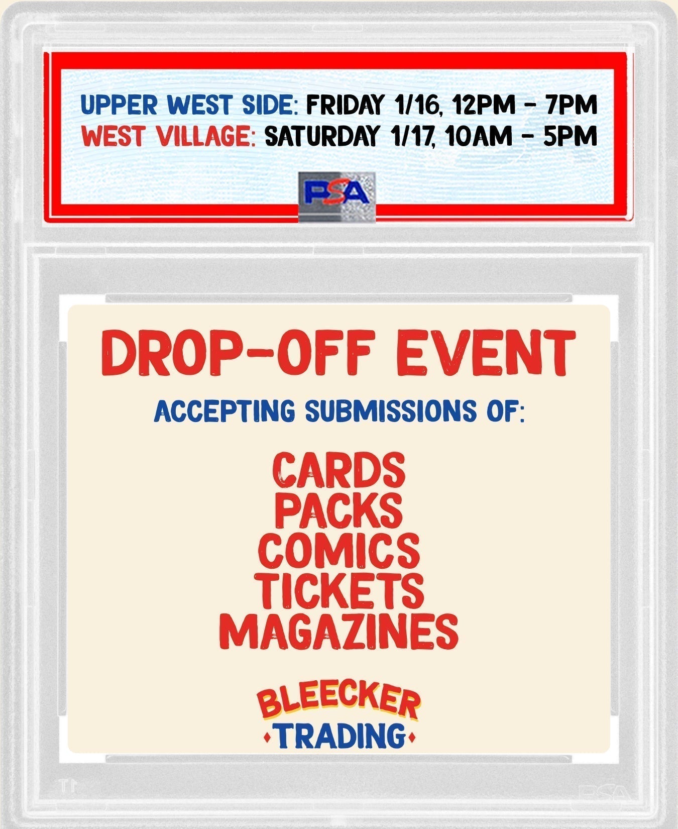 PSA Drop Off Event | January 16th (UWS) - 17th (WV)