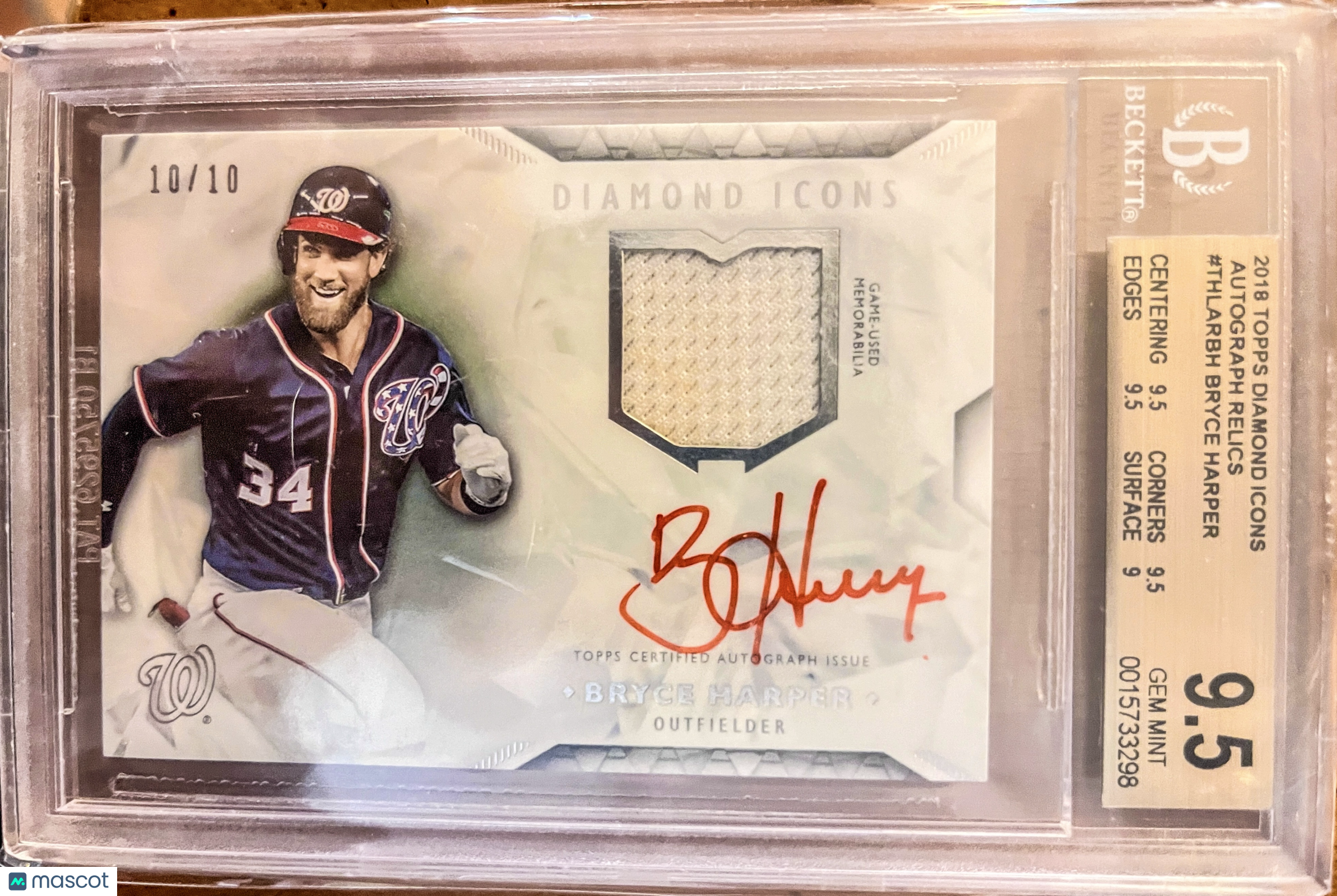 2018 Topps Diamond Icons Autograph Relics Bryce Harper Patch Auto 10/10 BGS 9.5