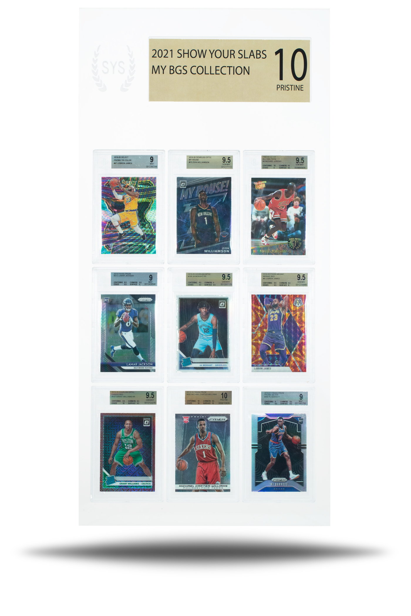 Picture of a filled 9 card display of graded BGS cards with a custom header resembling the BGS tag