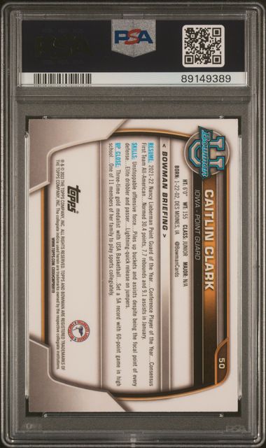 PSA 10 2022 Bowman University Caitlin Clark #50 (89149389)