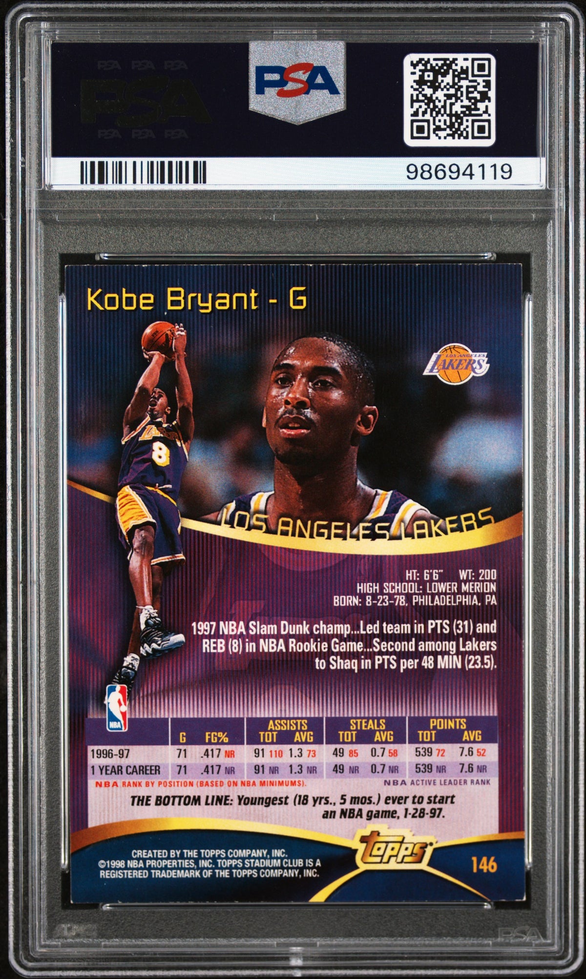 1997 Stadium Club Basketball Kobe Bryant #146 PSA 6