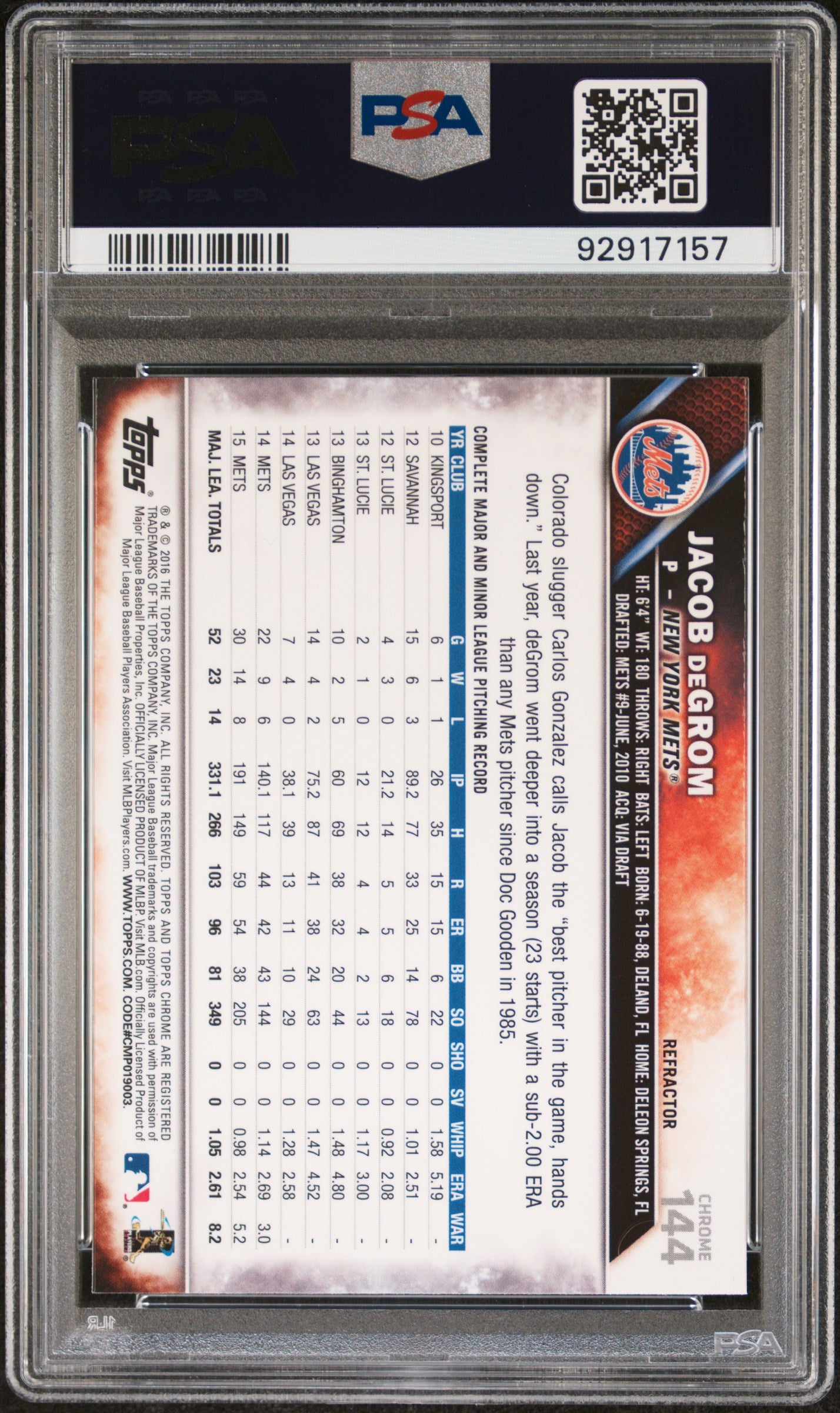 2016 Topps Chrome Jacob Degrom #144 Refractor PSA 10