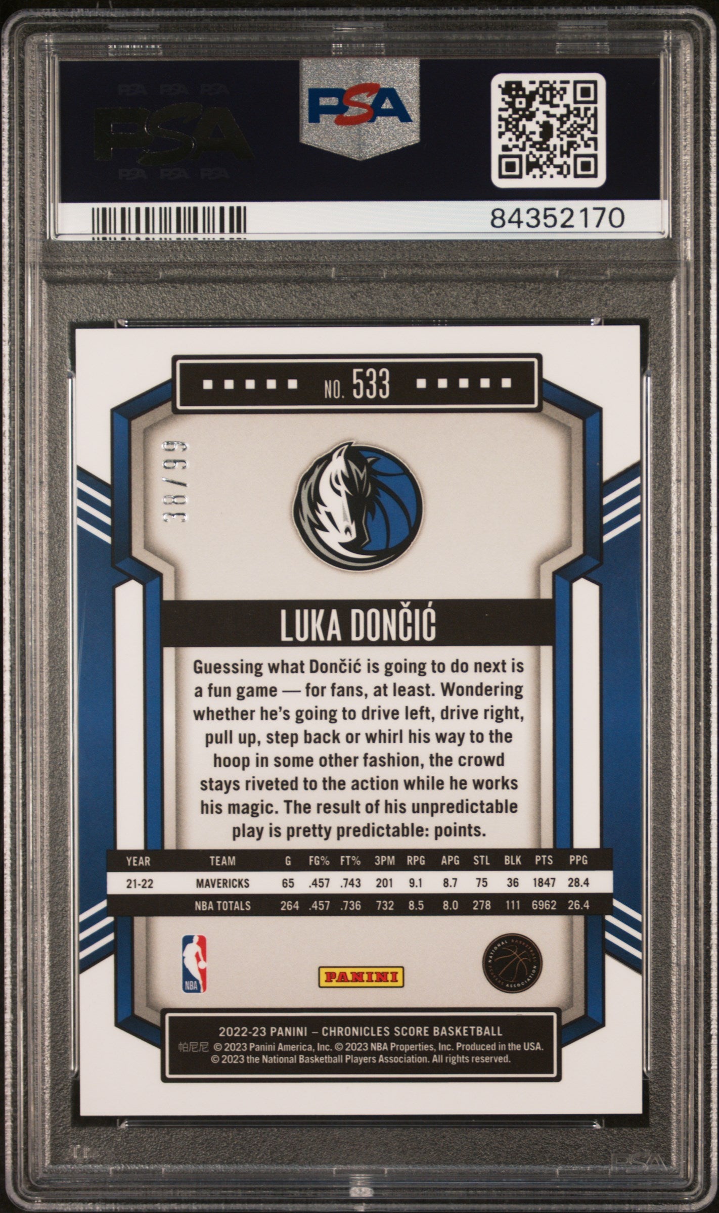 2022 Panini Chronicles Luka Doncic #533 Blue PSA 10