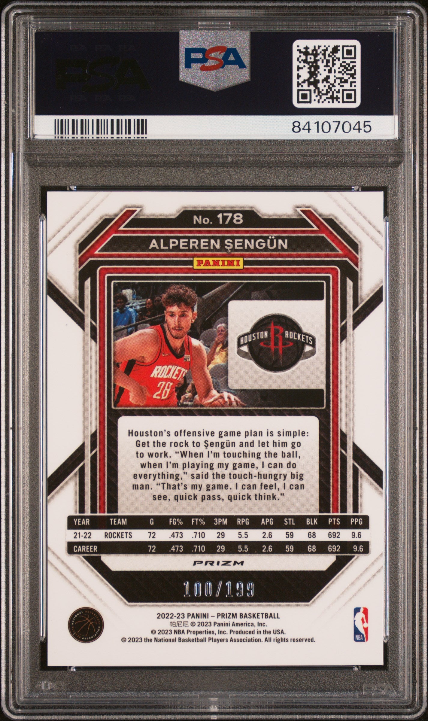 2022 Panini Prizm Alperen Sengun #178 Blue Prizm PSA 10