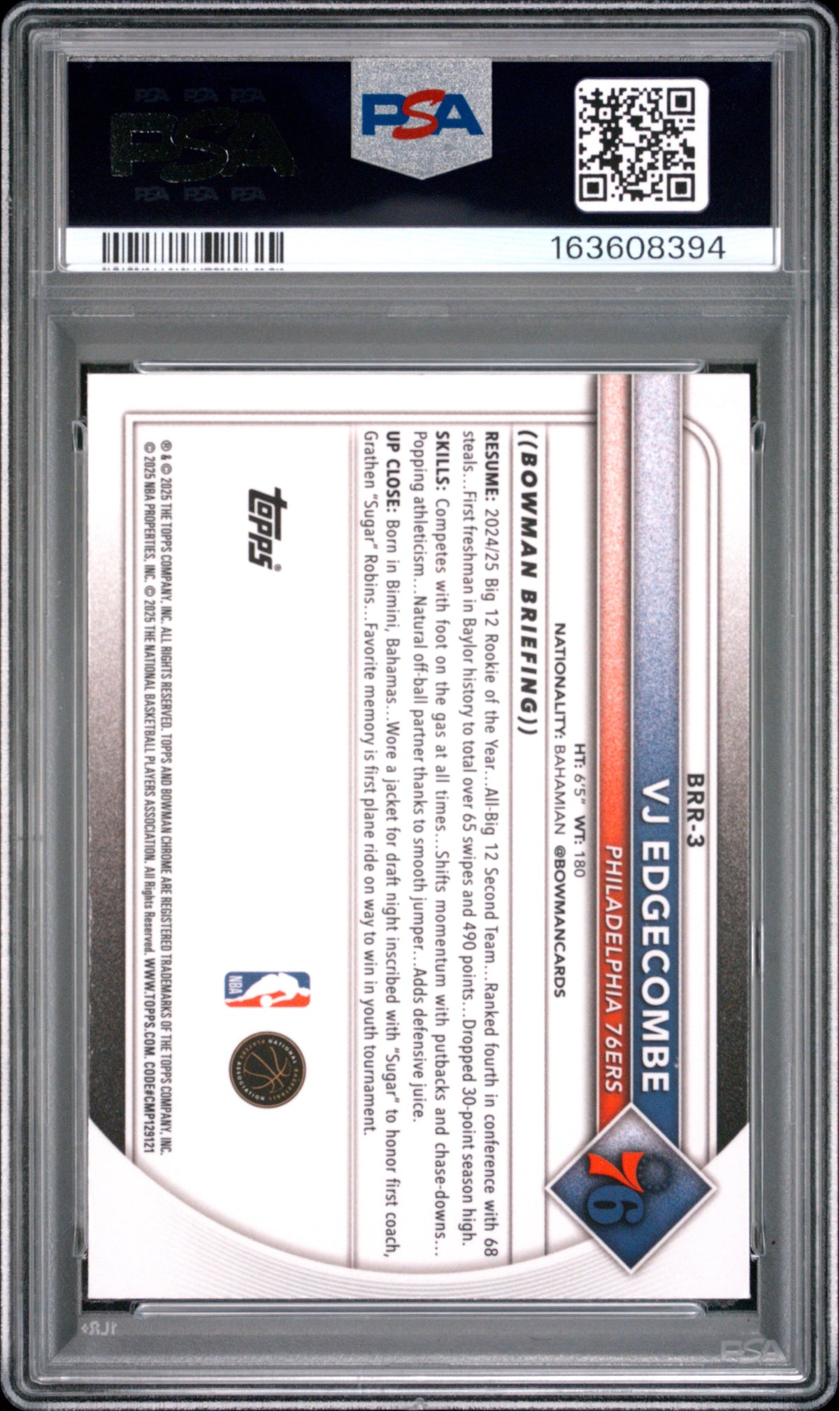 2025 Bowman Basketball VJ Edgecombe #BRR-3 CHR Rookie Red RC Variation PSA 9