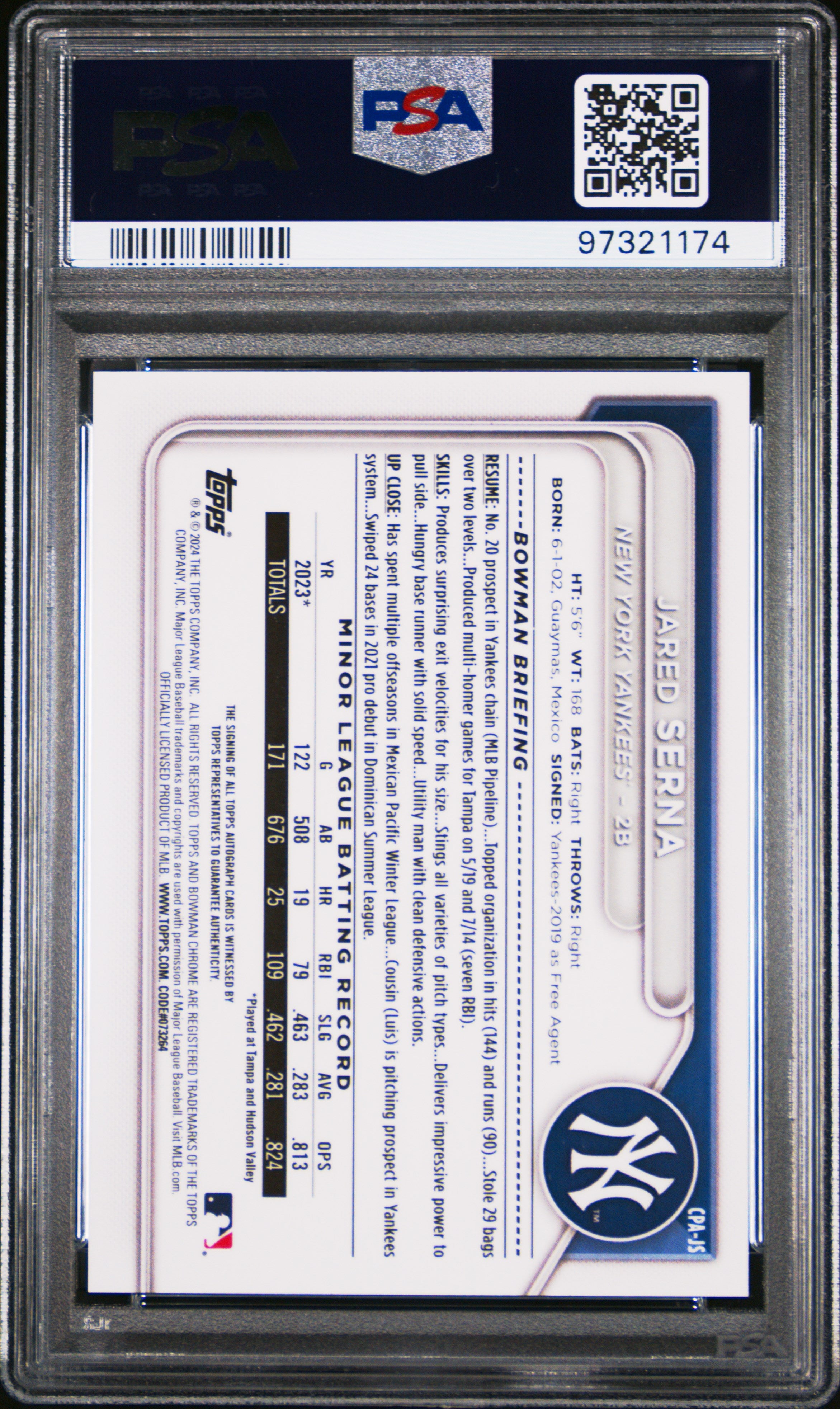2024 Bowman Chrome Prospect Autographs Jared Serna #CPAJS PSA 10