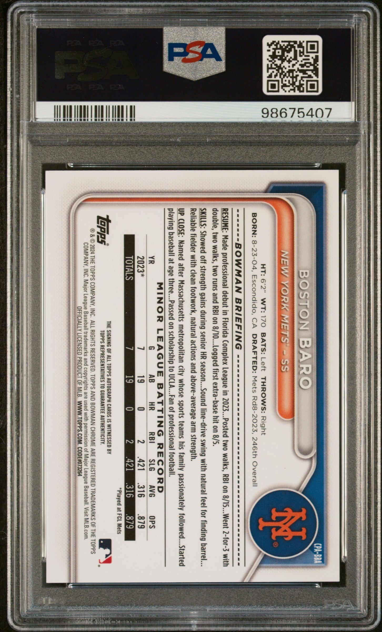 2024 Bowman Chrome Prospect Autographs Boston Baro #CPABBA PSA 10