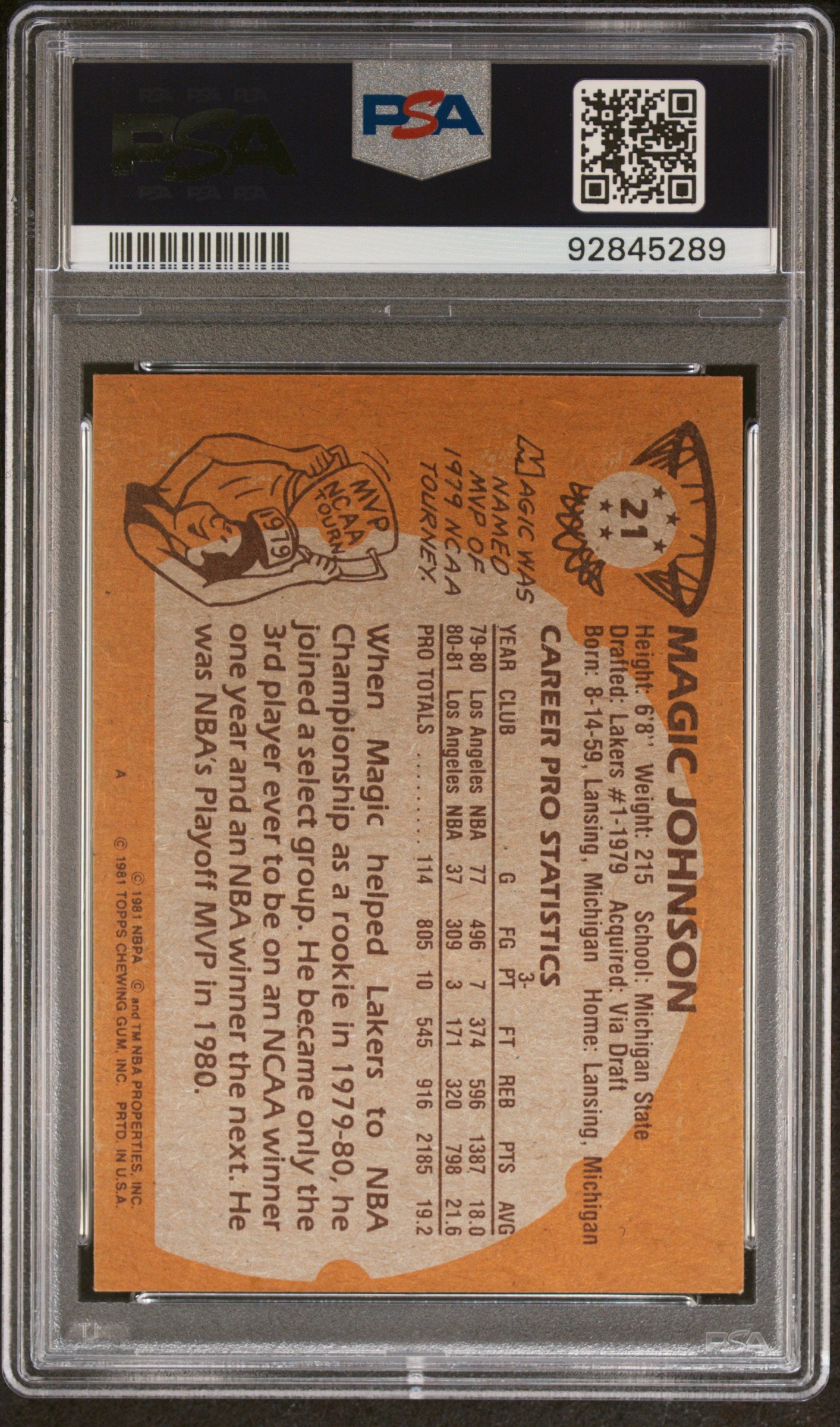 1981 Topps Magic Johnson #21 PSA 6