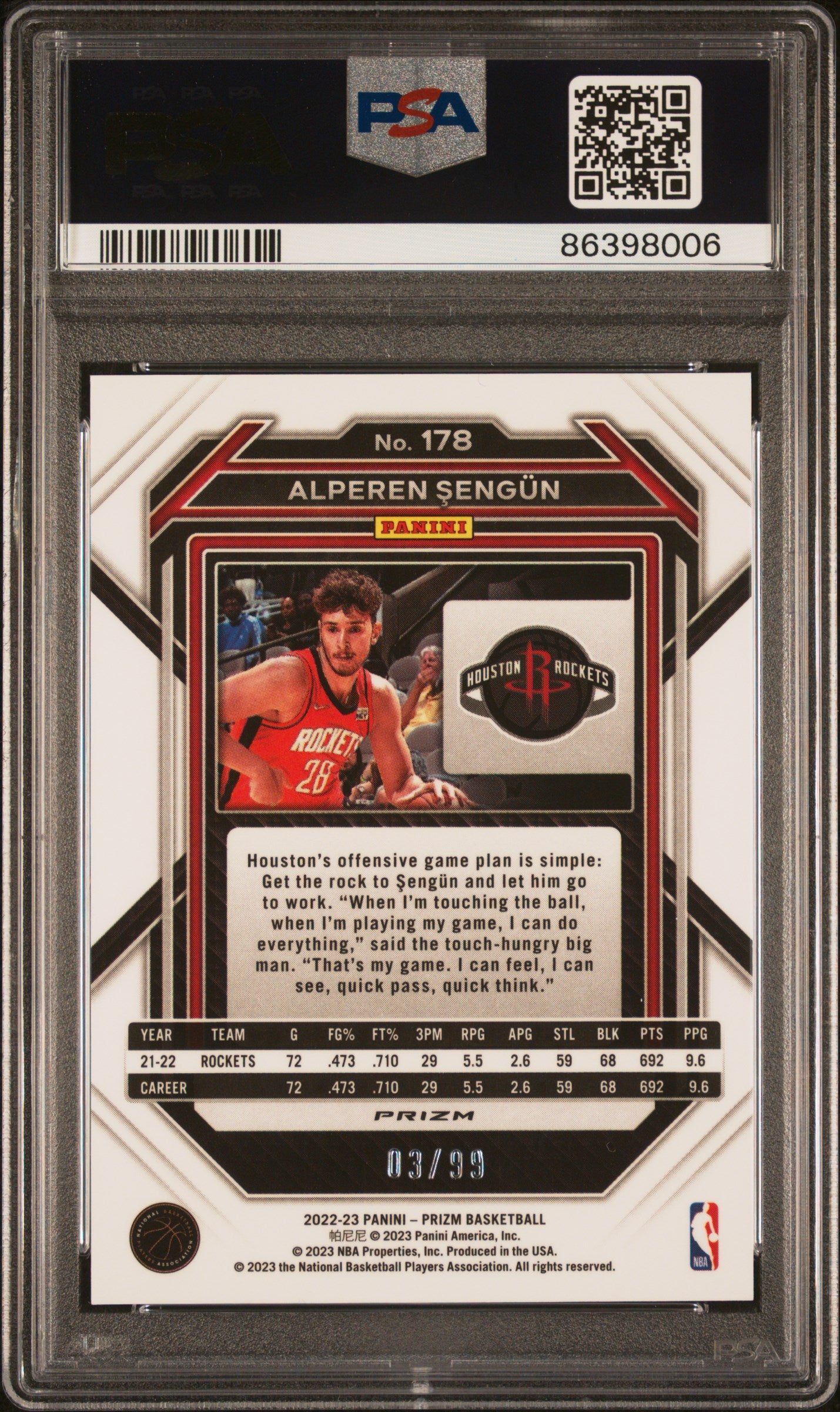 2022 Panini Prizm Alperen Sengun #178 Purple Prizm PSA 10