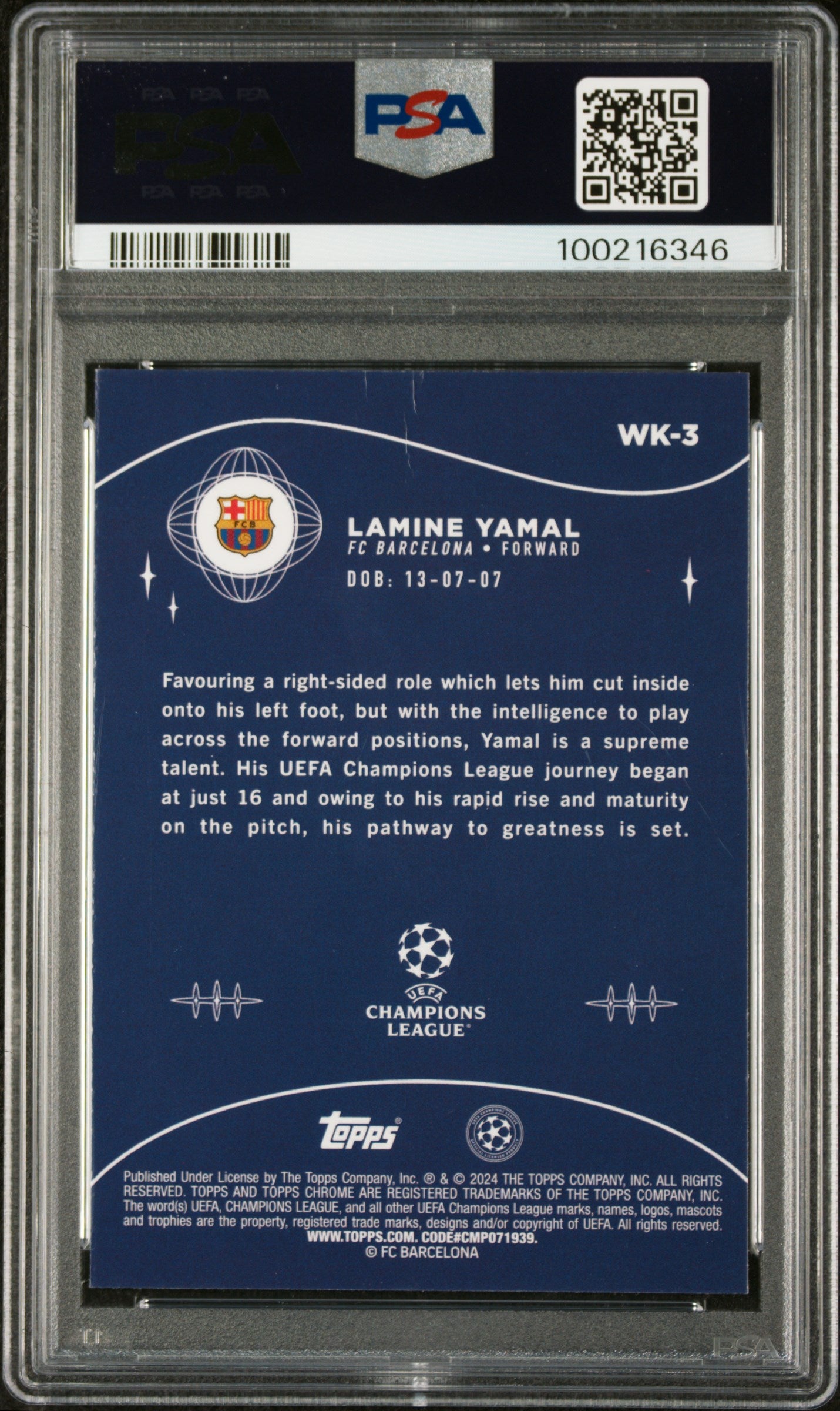 2023-24 Topps Chrome Sapphire Edition UEFA Club Competitions Wonderkids Sapphire Lamine Yamal #3 PSA 8