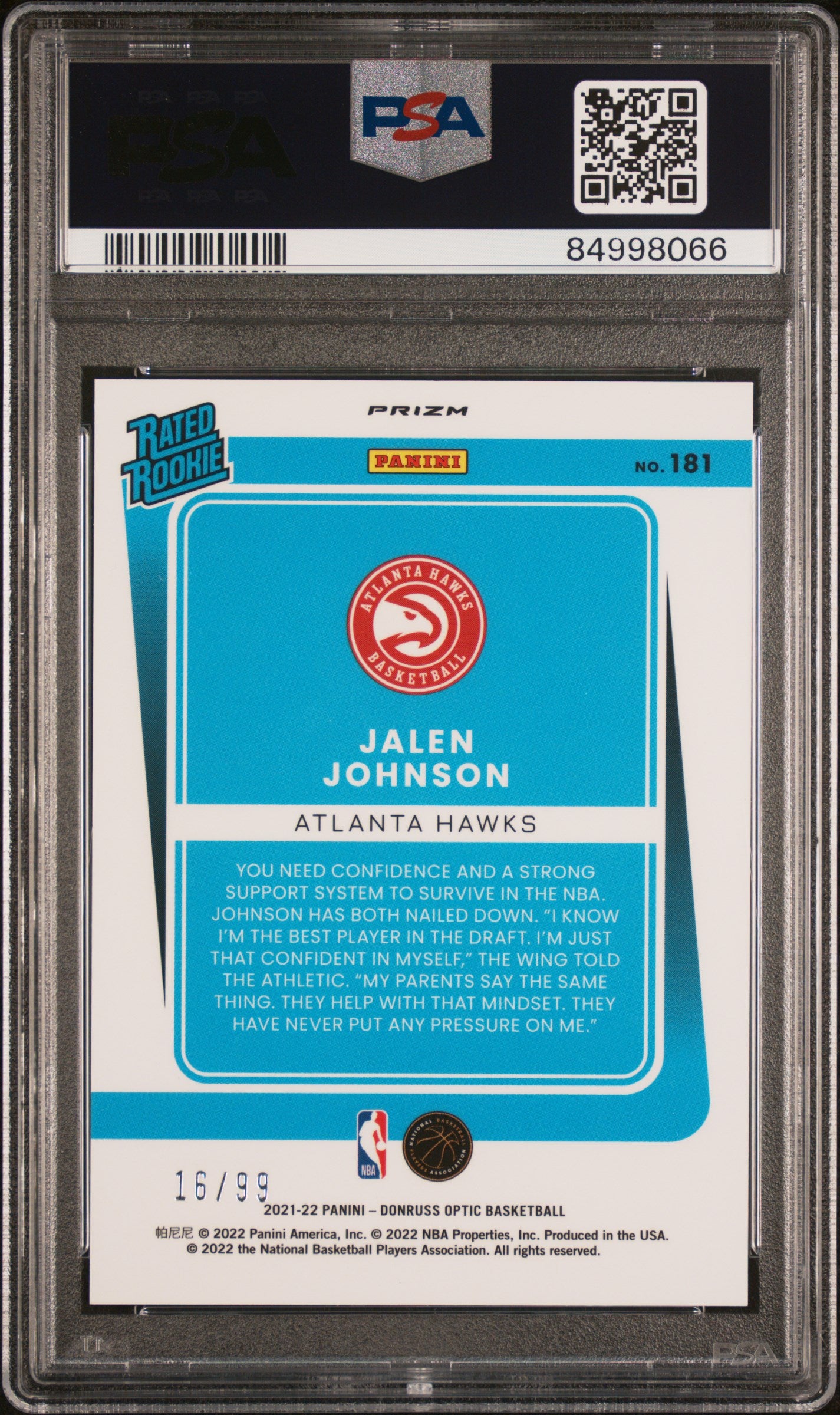 2021 Panini Donruss Optic Jalen Johnson #181 Red PSA 9