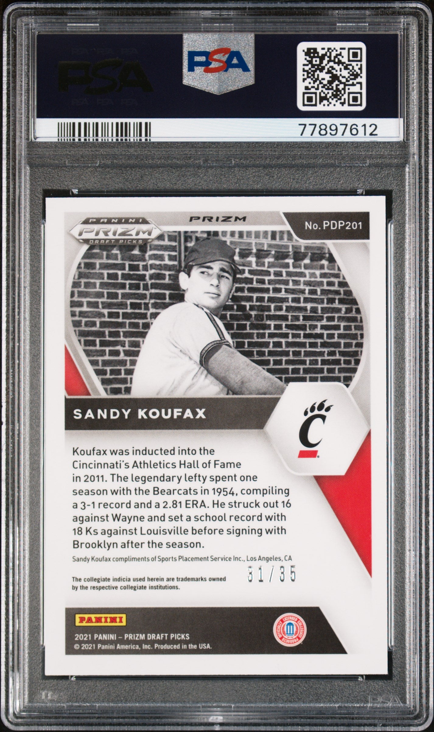 2021 Panini Prizm Draft Picks Sandy Koufax #PDP201 Power Plaid PSA 10