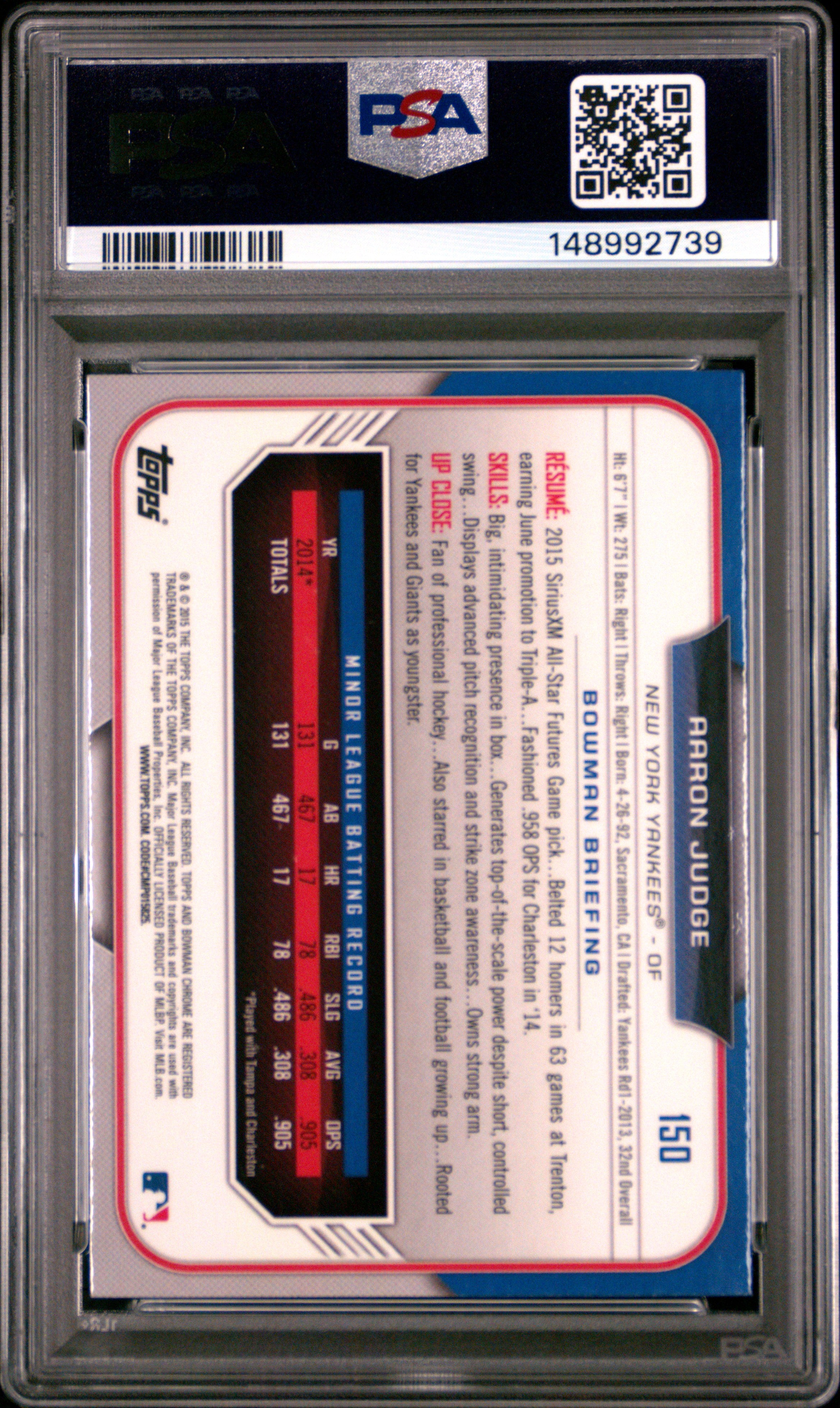 2015 Bowman Draft Baseball Aaron Judge #150 Chrome PSA 10