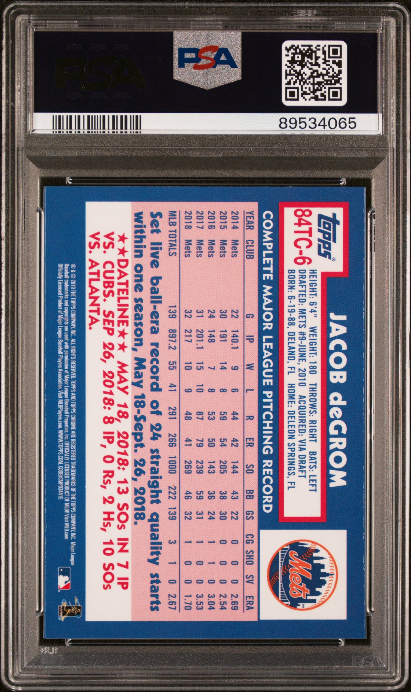 2019 Topps Chrome 1984 Topps Baseball Jacob Degrom #6 1984 Topps Baseball PSA 10