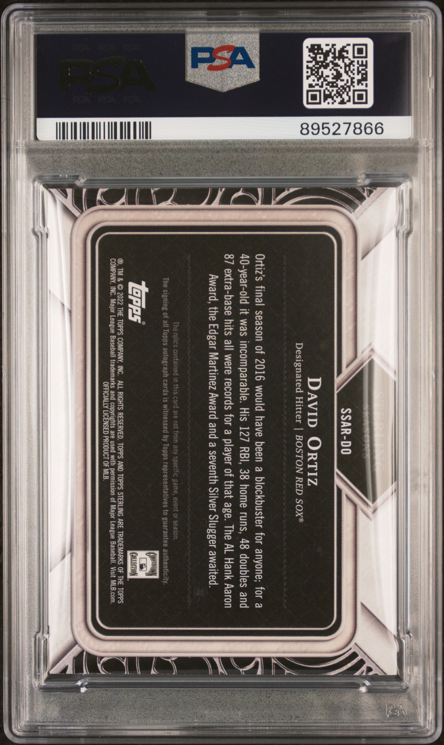 2022 Topps Sterling Sterling Seasons Autograph Relics David Ortiz #SSARDO Sterling Seasons Autograph RLC. PSA 10