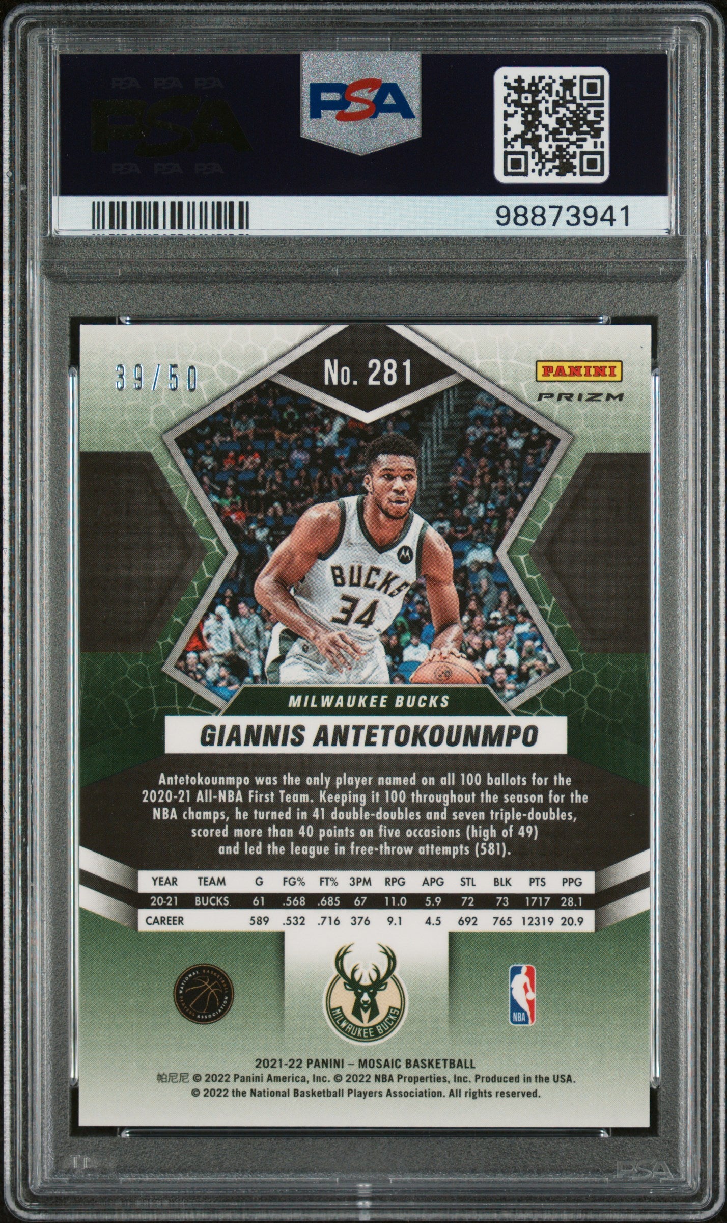 2021 Panini Mosaic G. Antetokounmpo #281 Purple Fast Break PSA 10