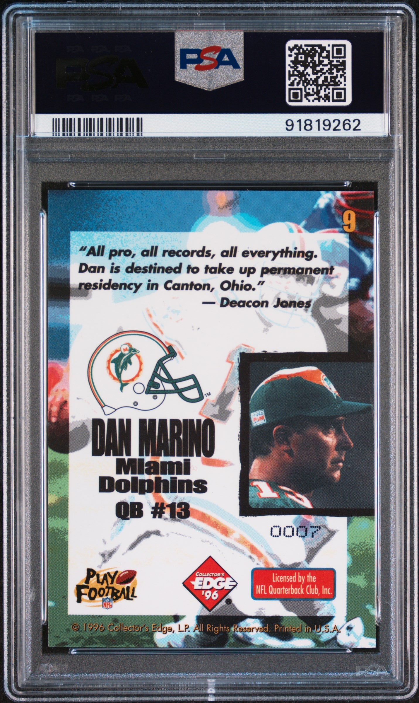 1996 Collector's Edge Ripped Dan Marino #9 PSA 9