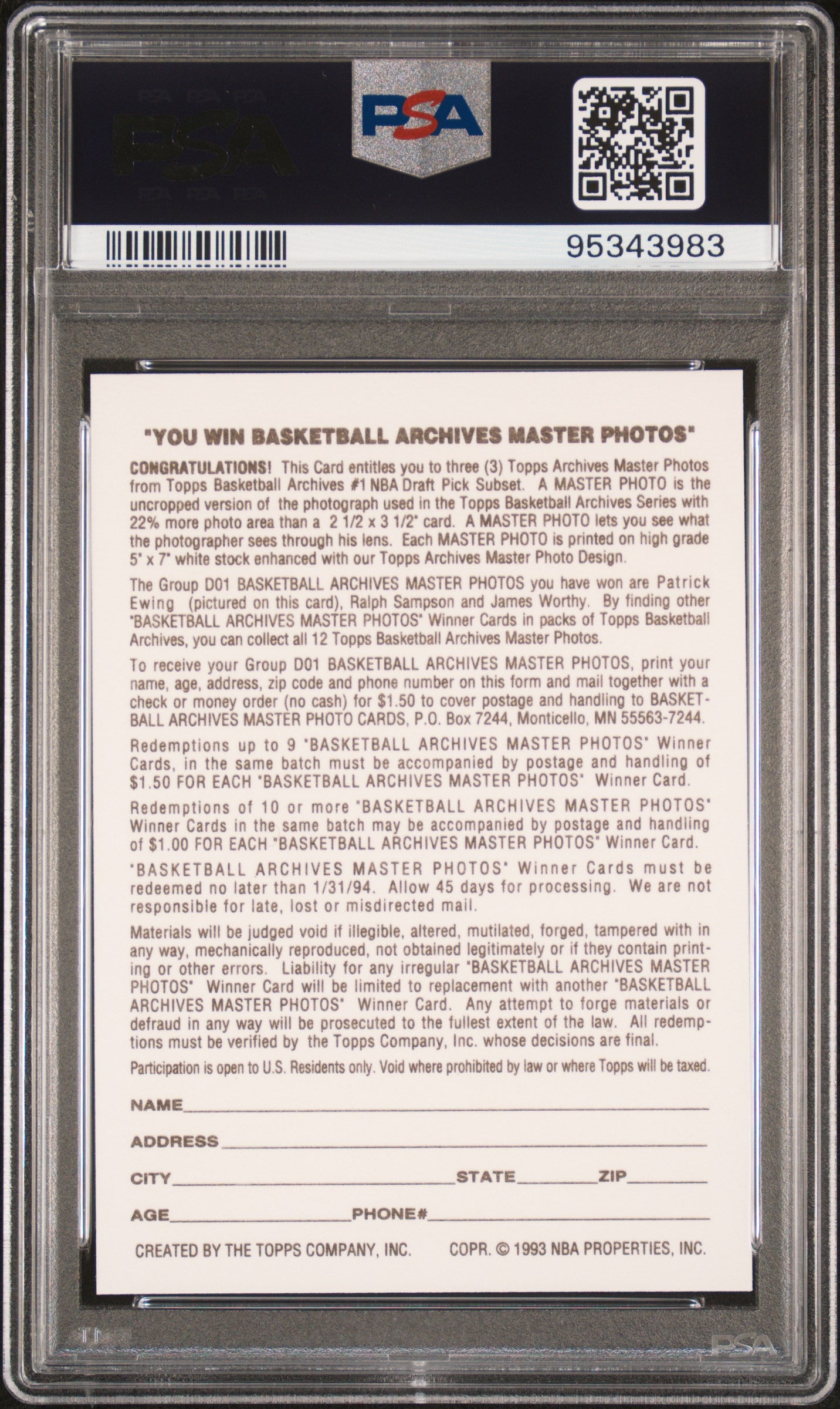 1992 Topps Archives Master Photos Patrick Ewing #1985 Master Photos Redemption PSA 9