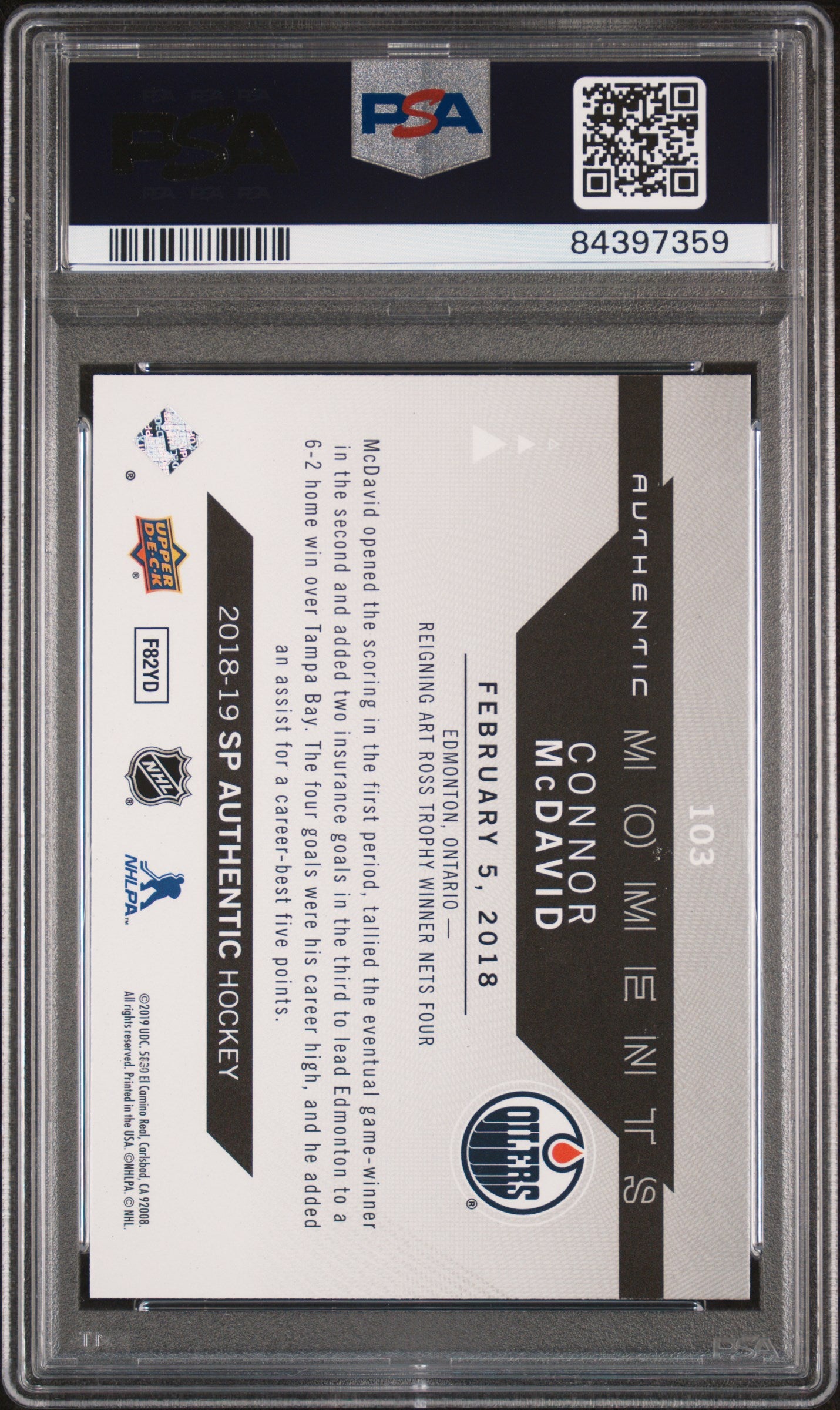 2018 SP Authentic Connor McDavid #103 Authentic Moments PSA 10