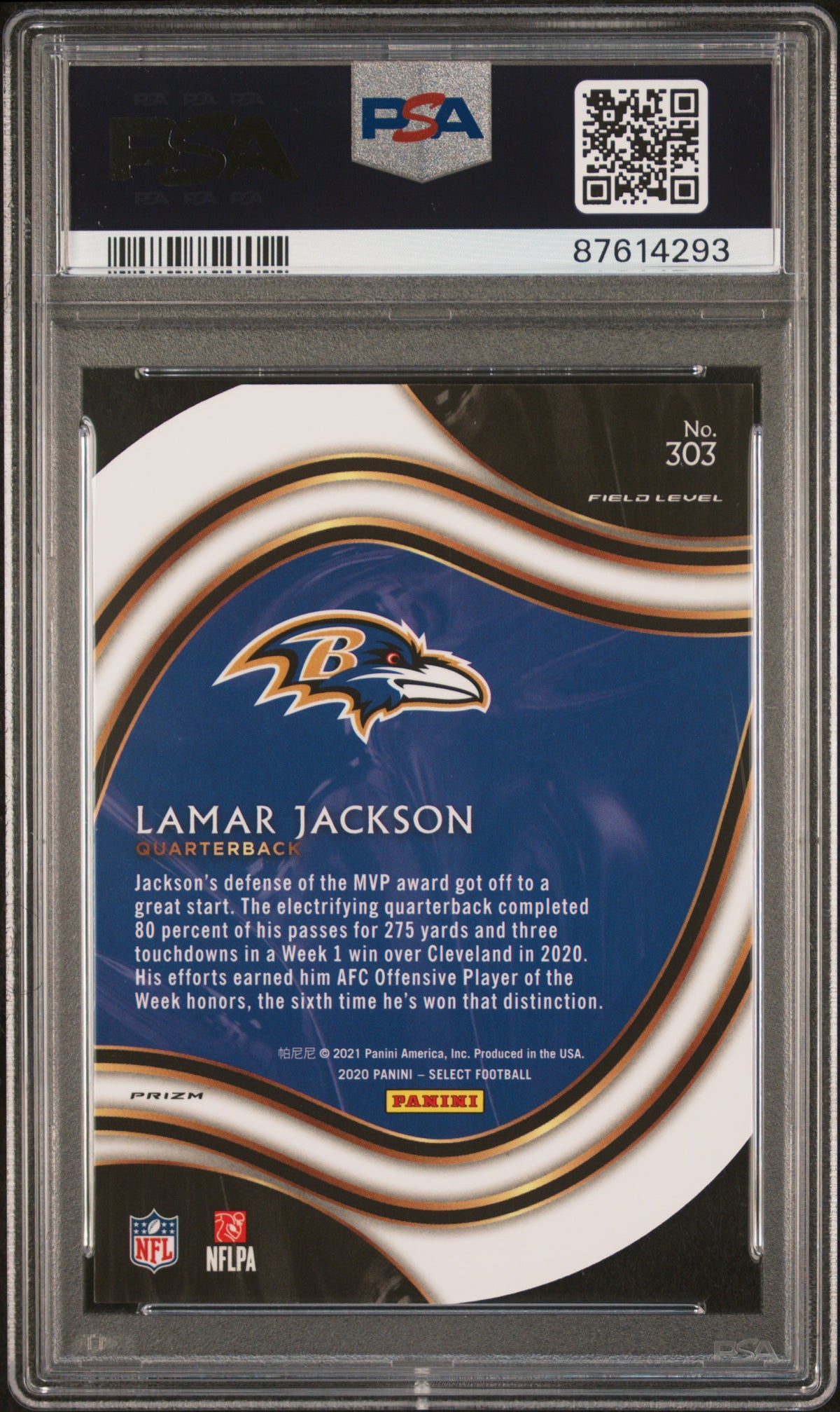 2020 Panini Select Football Lamar Jackson #303 Die Cut White Prizm PSA 10