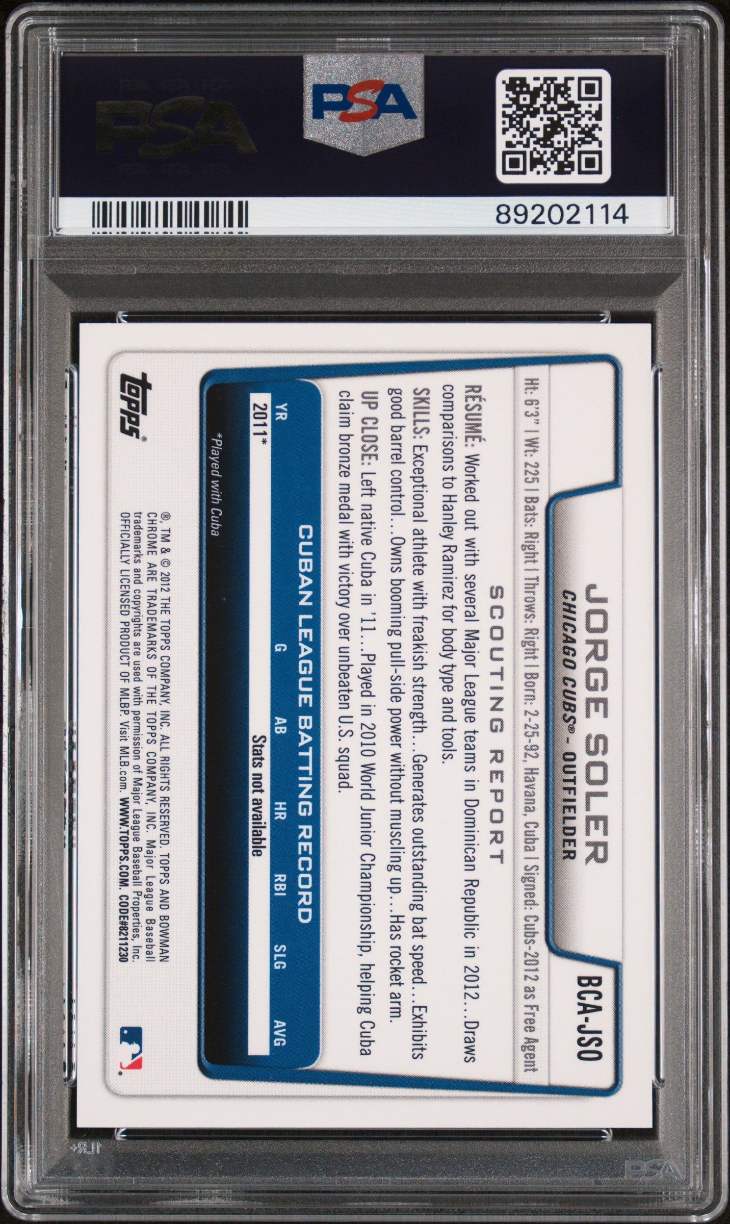 2012 Bowman Chrome Prospects Jorge Soler #BCAJSO Prospects Autograph PSA 10