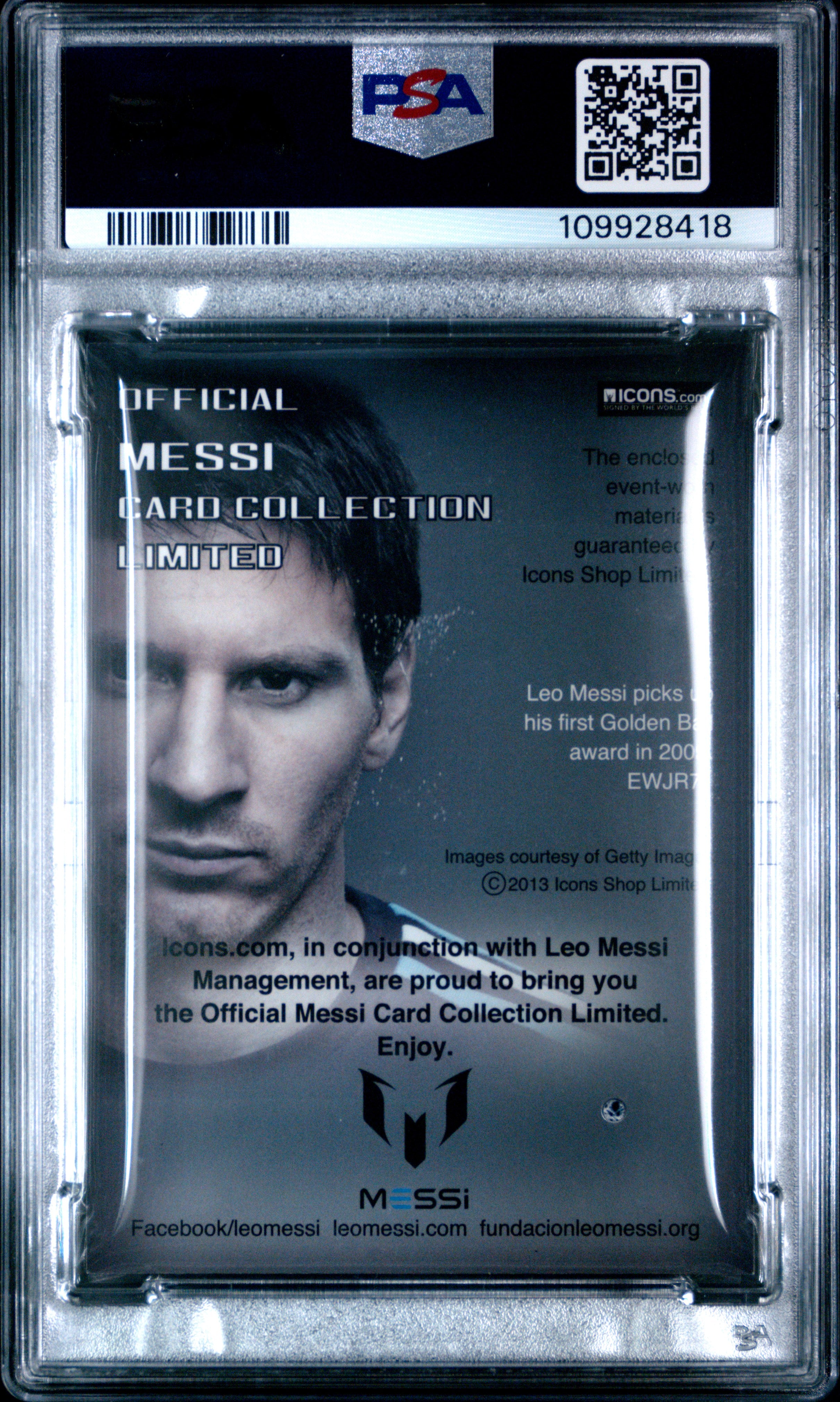 2013 Icons Messi Limited Collection Soccer Lionel Messi #EWJR71 C. Jsy 1st G B. Awrd '09 PSA 9