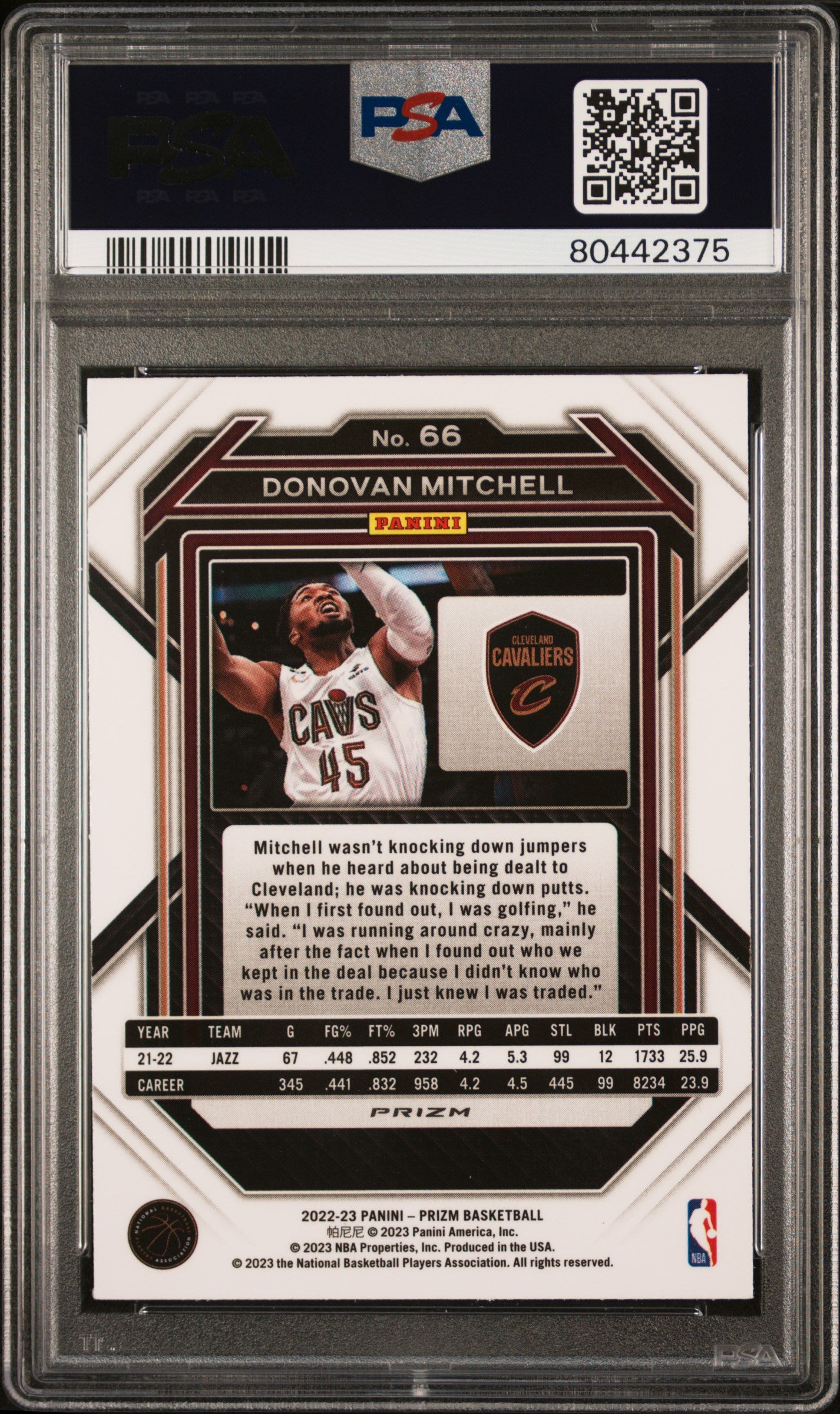 2022 Panini Prizm Donovan Mitchell #66 White Sparkle PSA 9