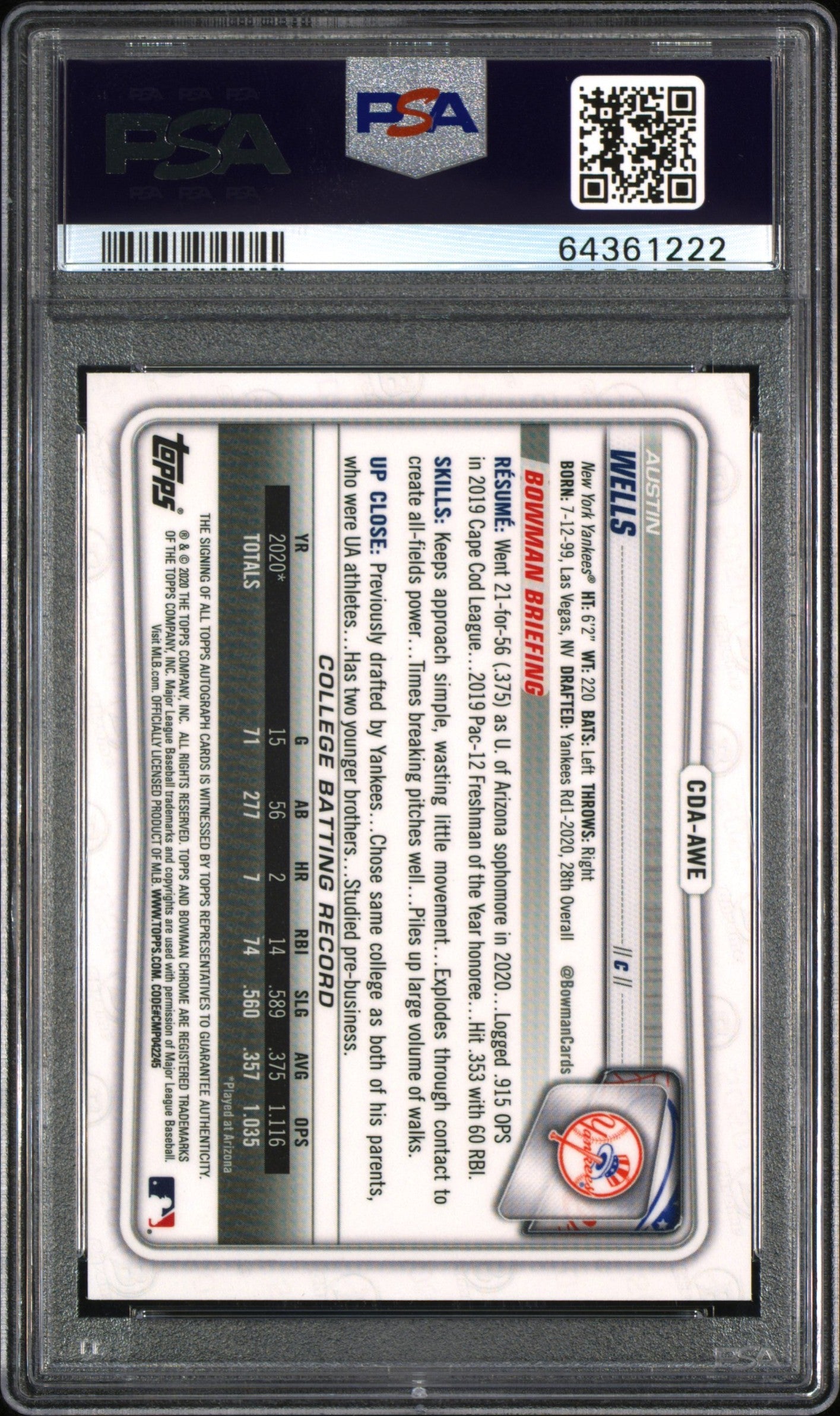 2020 Bowman Draft Chrome Draft Picks Autographs Austin Wells #CDAAWE CHR. DP Auto Gold Wave Refractor PSA 10