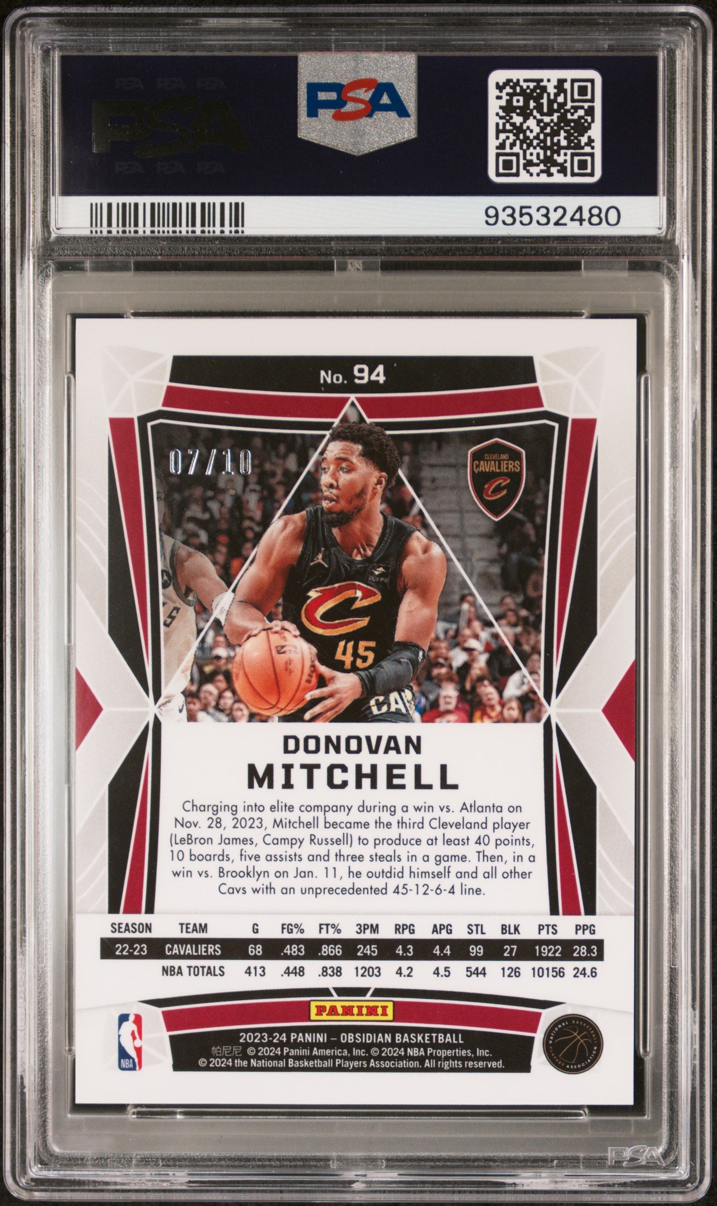 2023 Panini Obsidian Donovan Mitchell #94 Electric Etch Molten Mojo PSA 10