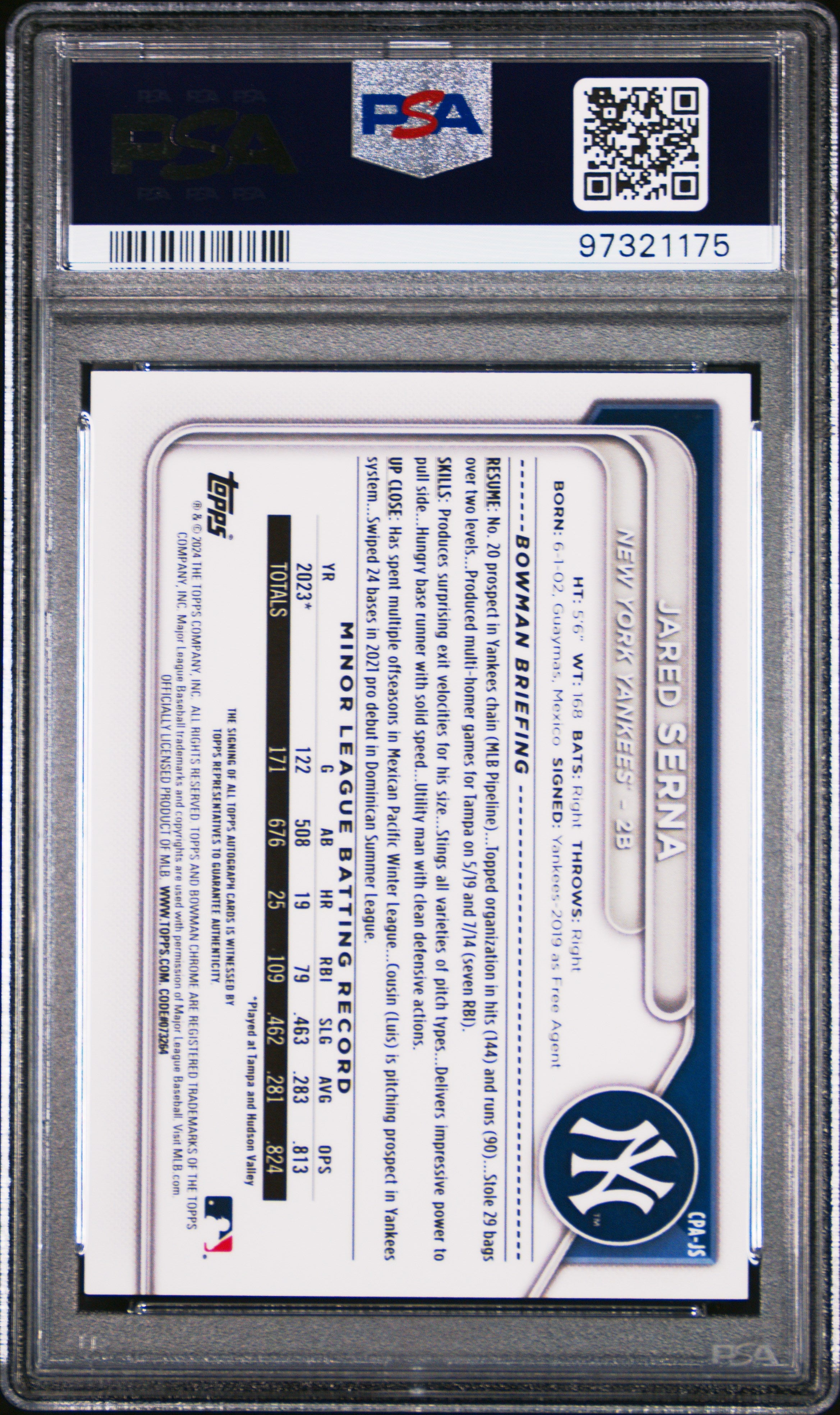 2024 Bowman Chrome Prospect Autographs Jared Serna #CPAJS PSA 9